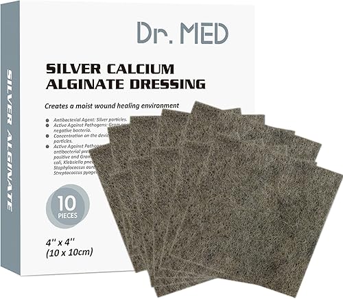 Dr. Med Aderezo de alginato de calcio plateado de 4 x 4 pulgadas, paquete individual de 10 vendajes individuales de alta absorción, no adhesivo,