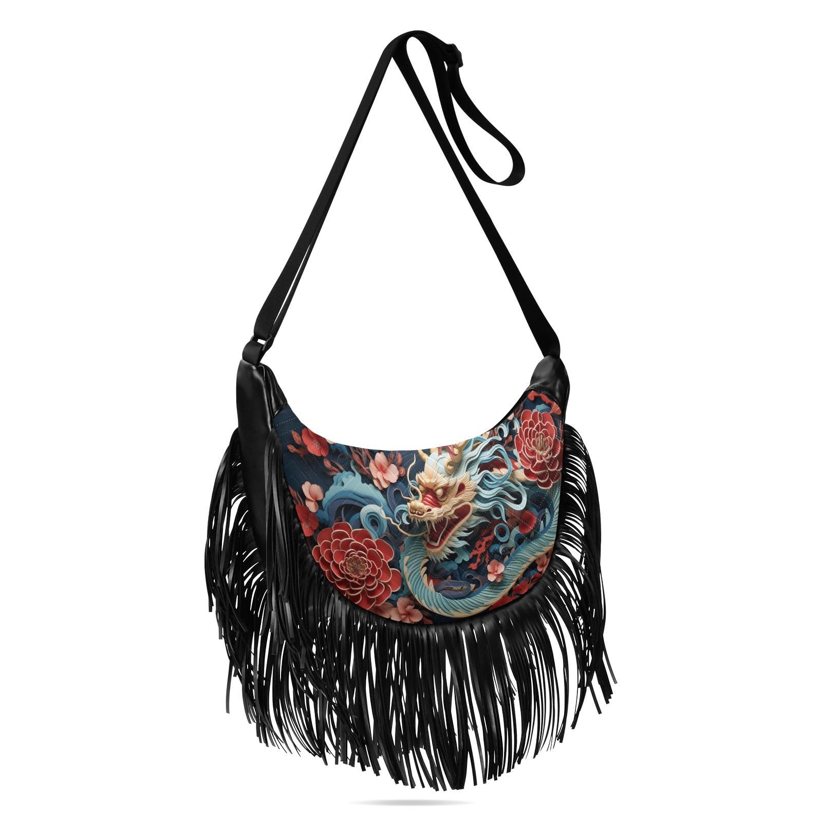 CEBUGI Women's Fringe Crossbody Tassel Purse Celebration Chinese Dragon Hobo Shoulder Bags Crossbody Handbag with Adjustable Shoulder Straps