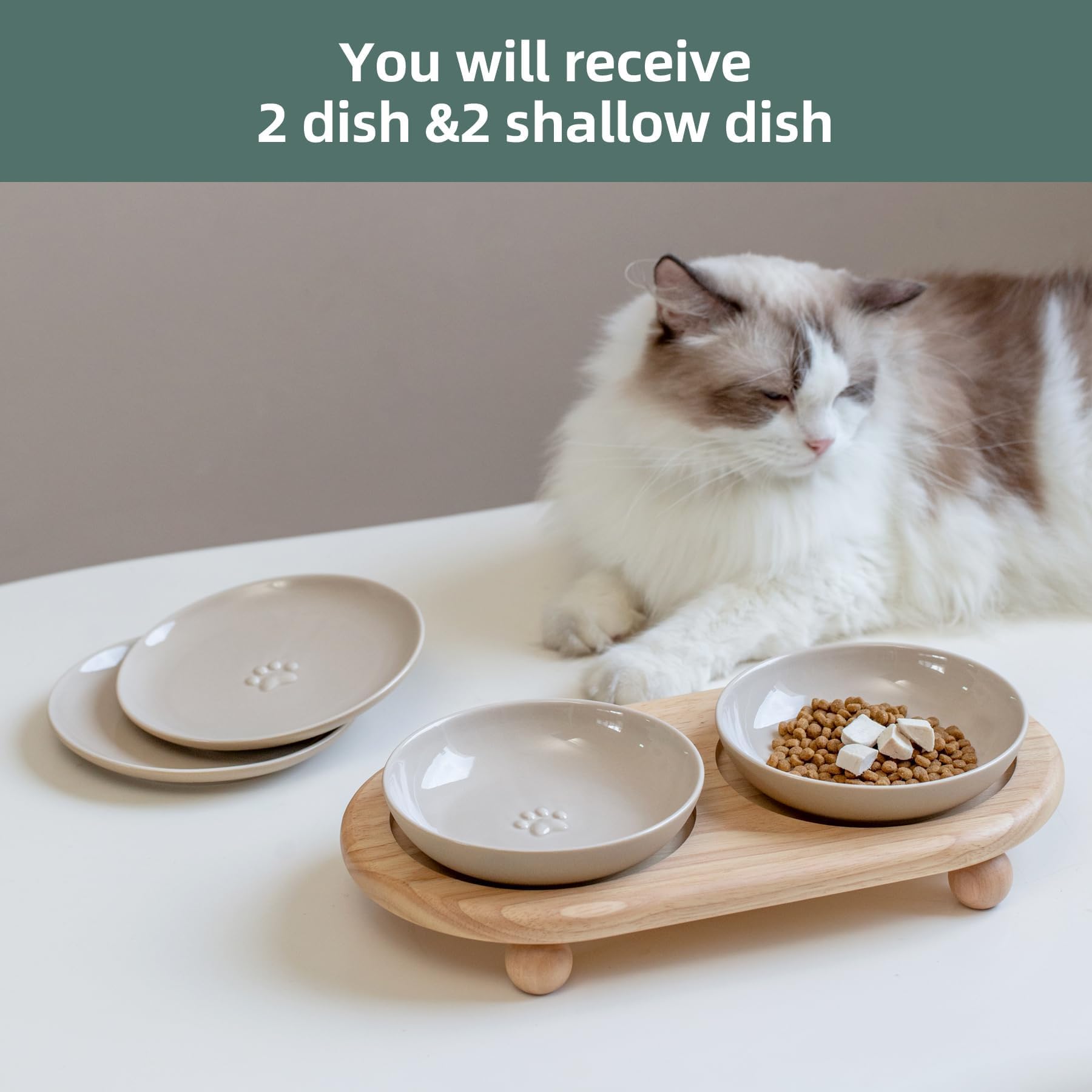 Havniva Podwyższona ceramiczna miska do karmienia dla kotów o szerokich wąsach, miska na karmę i wodę 2-stylowa, regulowana, anty-wąsowa, przeciw zmęczeniu (2 miseczki + 2 płaskie miseczki + stojak)
