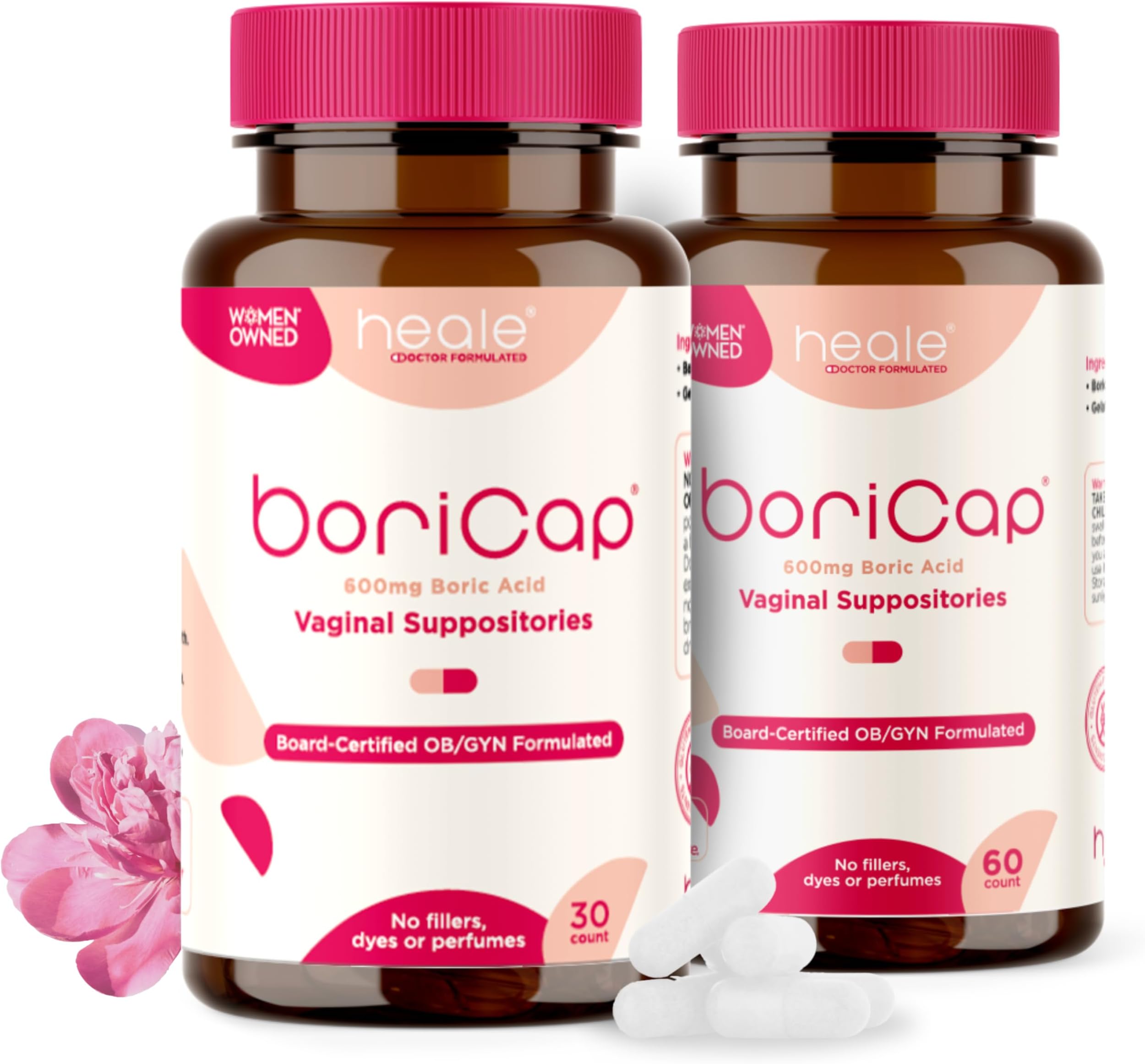 BoriCap Heale 600mg Boric Acid Suppositories | for Vaginal Odor | 90 Count | Made in the USA