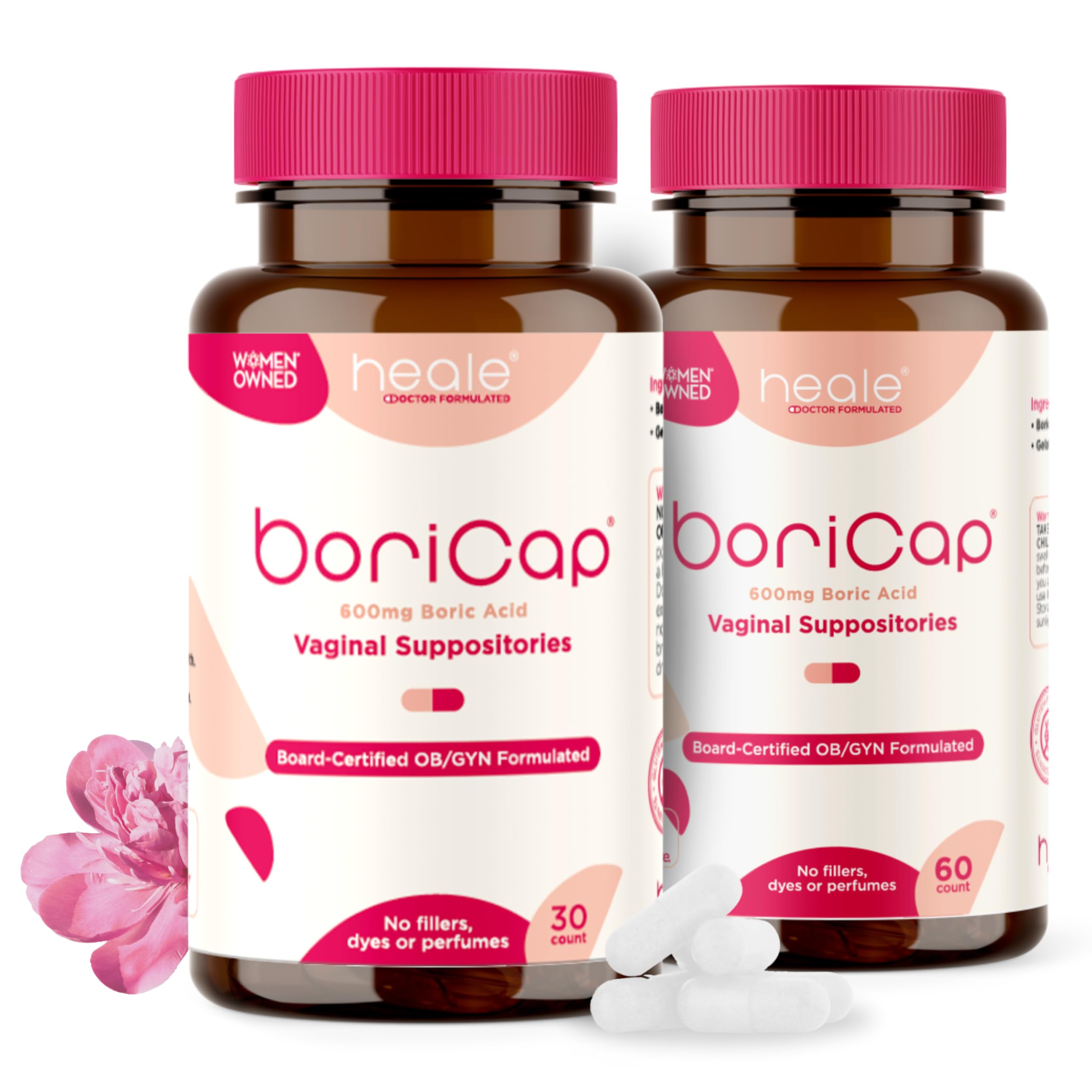 BoriCap Heale 600mg Boric Acid Suppositories | for Vaginal Odor | 90 Count | Made in the USA