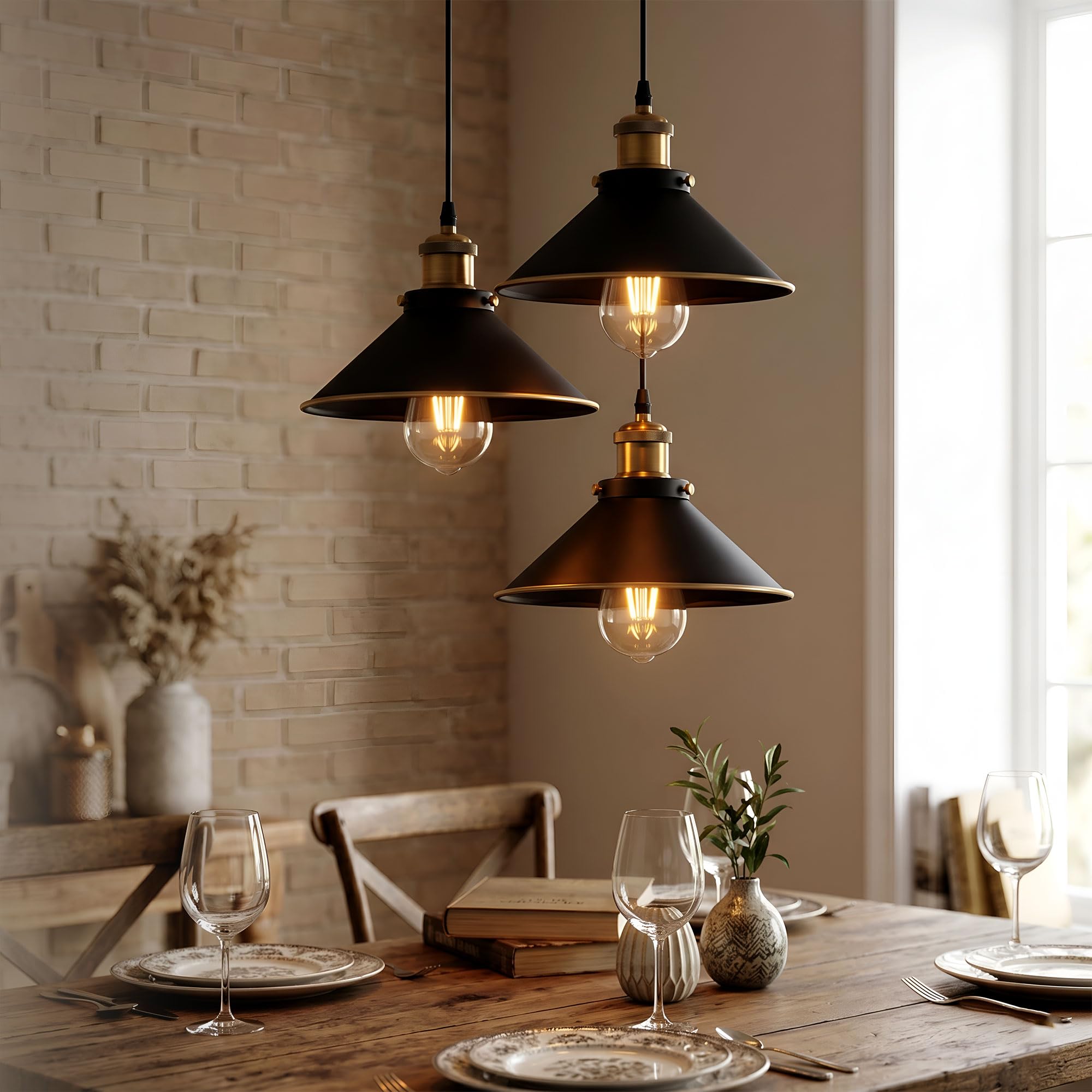 LEDSone Nowoczesna lampa wisząca w stylu vintage z 3 głowicami, płaska, w kształcie stożka, wisząca lampa sufitowa z regulowanym kablem do kuchni, na wyspę, do salonu, jadalni (3 głowice)