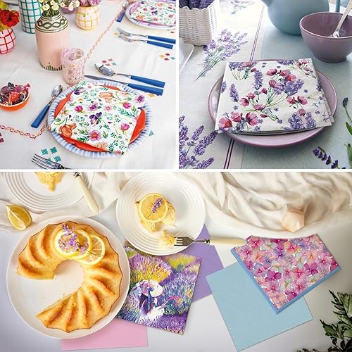 Miniatura 10 de Servilletas de papel de flores moradas con libélula para cena, tamaño decorativo de almuerzo de decoupage de 13 x 13 pulgadas (desplegadas)