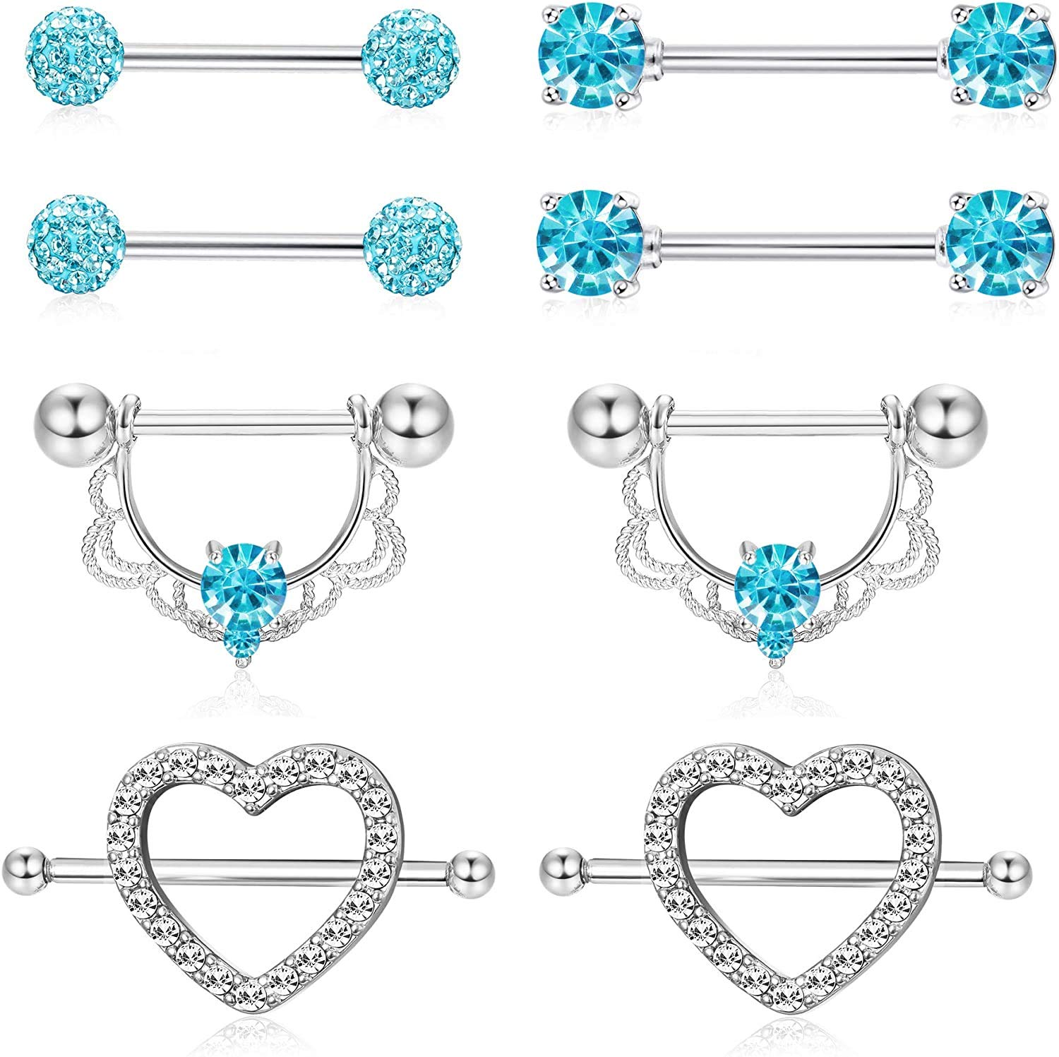 LOLIAS 8PCS Acero Inoxidable Lengua Piercing de Pezón para Mujeres Niñas CZ Barbell Forma de Corazón Cuerpo Joyería Piercing 14G, Plata/Oro Rosa