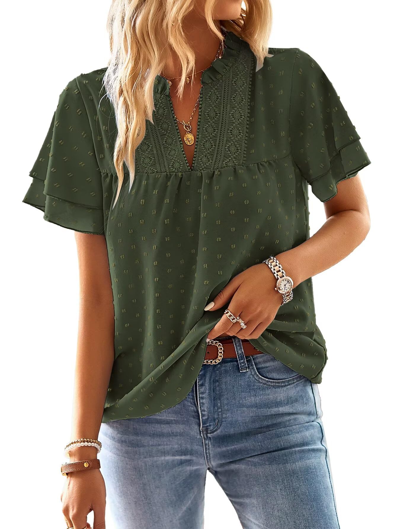 TUUHAW Top Damen Sommer Boho Bluse Kurzarm Oberteile Fließend Elegant V-Ausschnitt T Shirt Lässig Outfits Spitze Kleidung