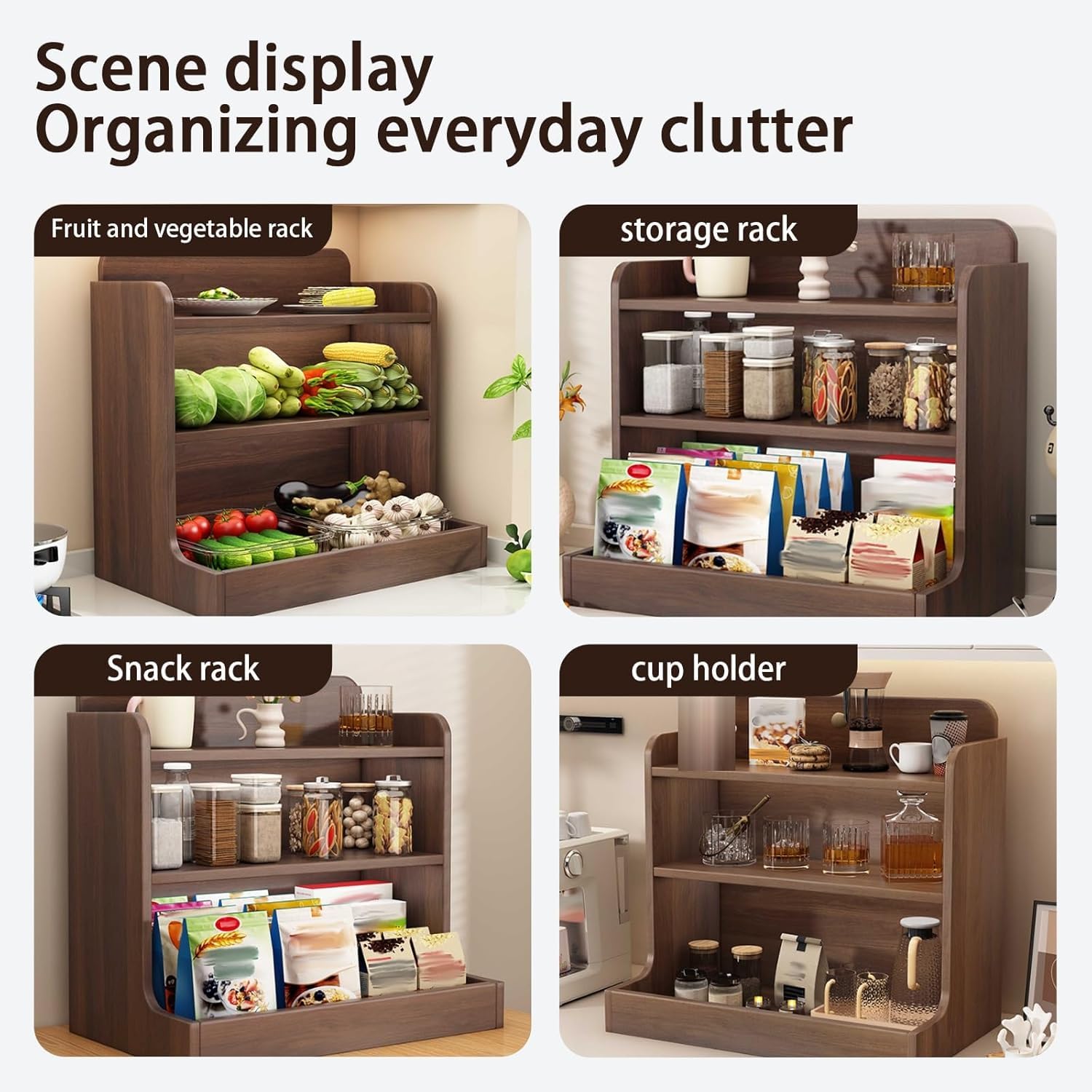 Organizador de madera para encimera y estante de almacenamiento, estante de despensa de 3 niveles, soporte para tazas de café para cocina, sala de estar, dormitorio, oficina