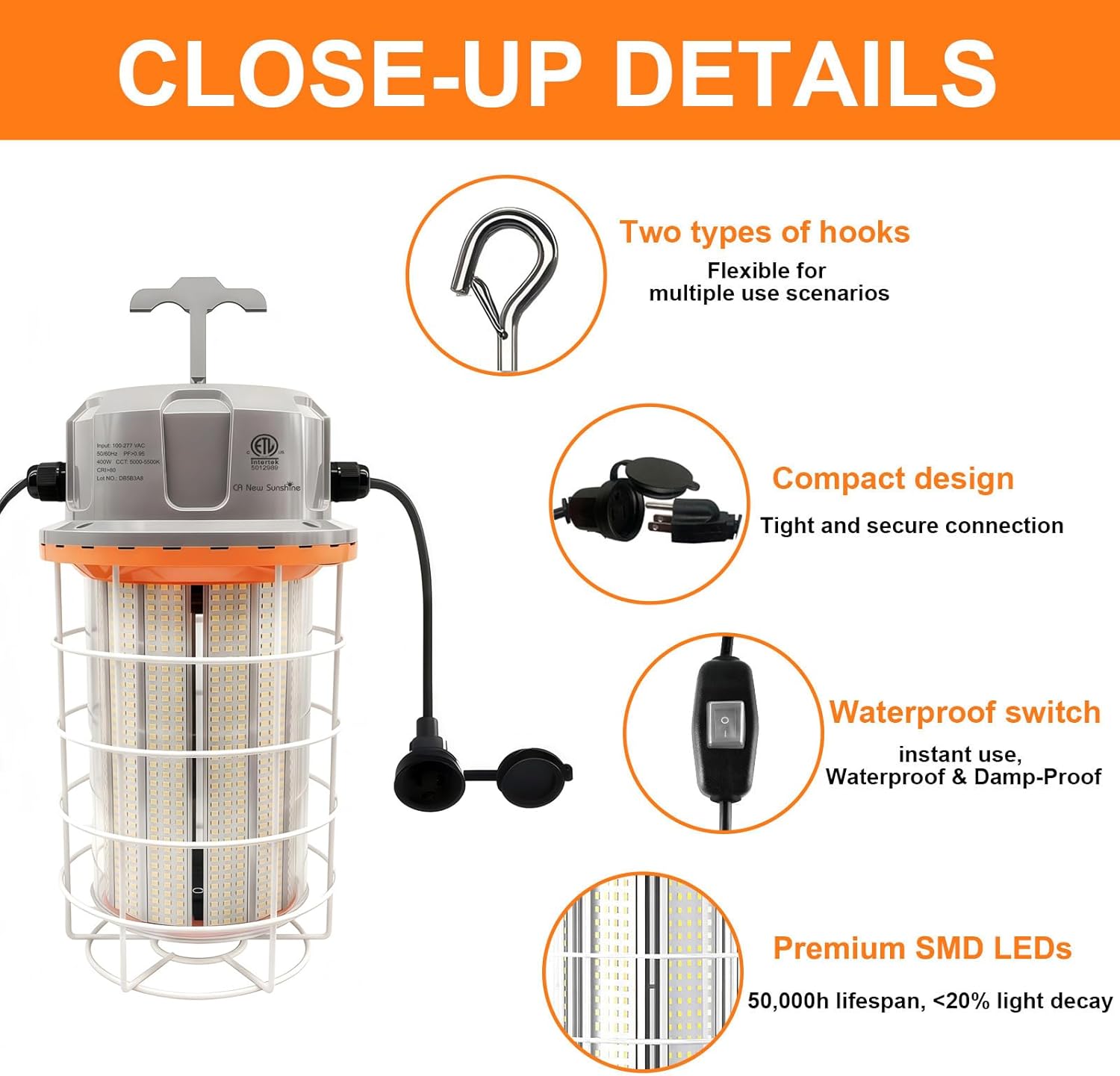 400W Construction Light, 56000lm LED Temporary Work Light, 5000K Daylight White, IP65 Waterproof Dustproof, Portable Hanging Lighting for Jobsite Workshop High Bay and Damp Locations - Image 5