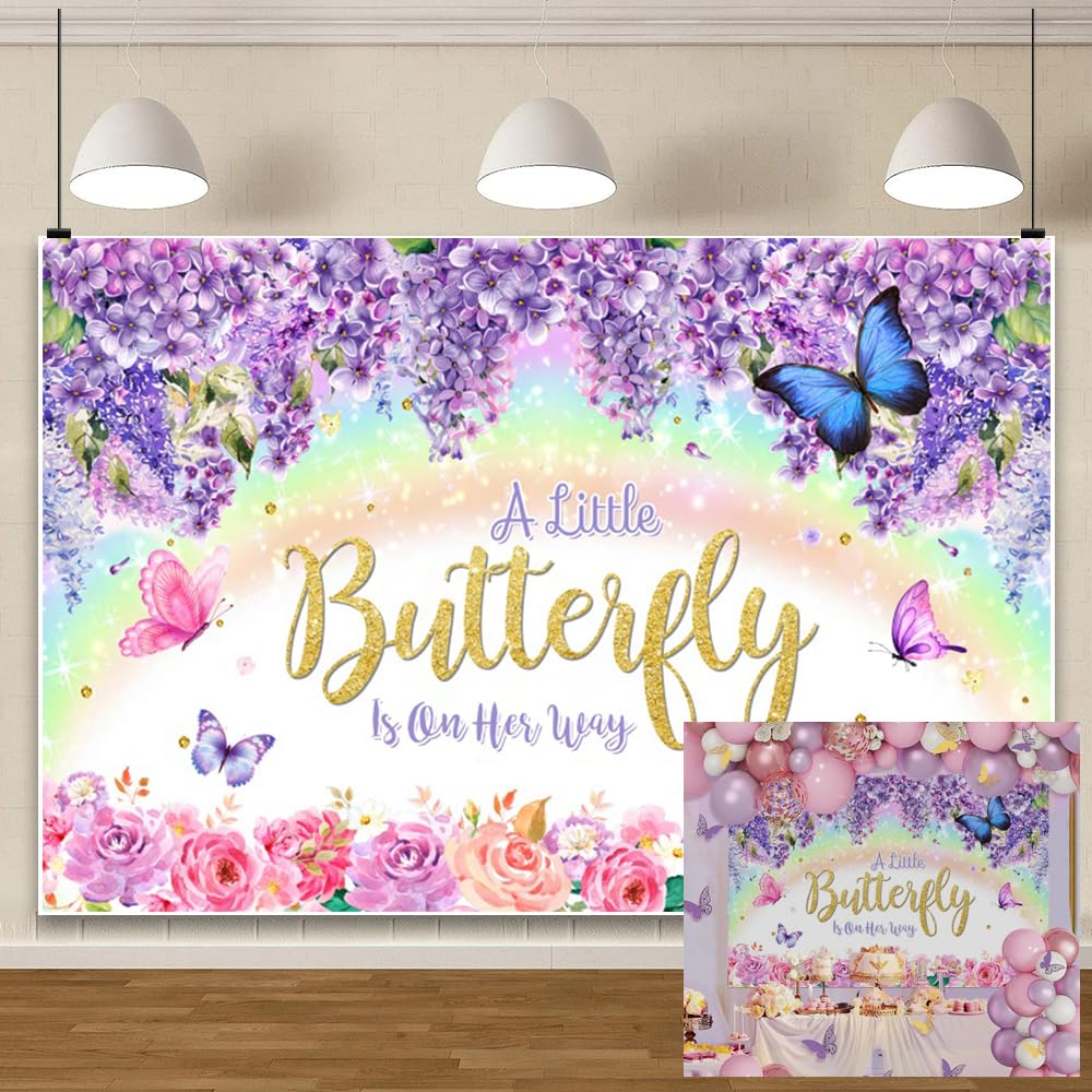 Laeacco 7x5ft Butterfly Baby Shower Backdrop for Girls A Little Butterfly is on Her Way Purple Pink Flowers Rainbow Photography Background Princess