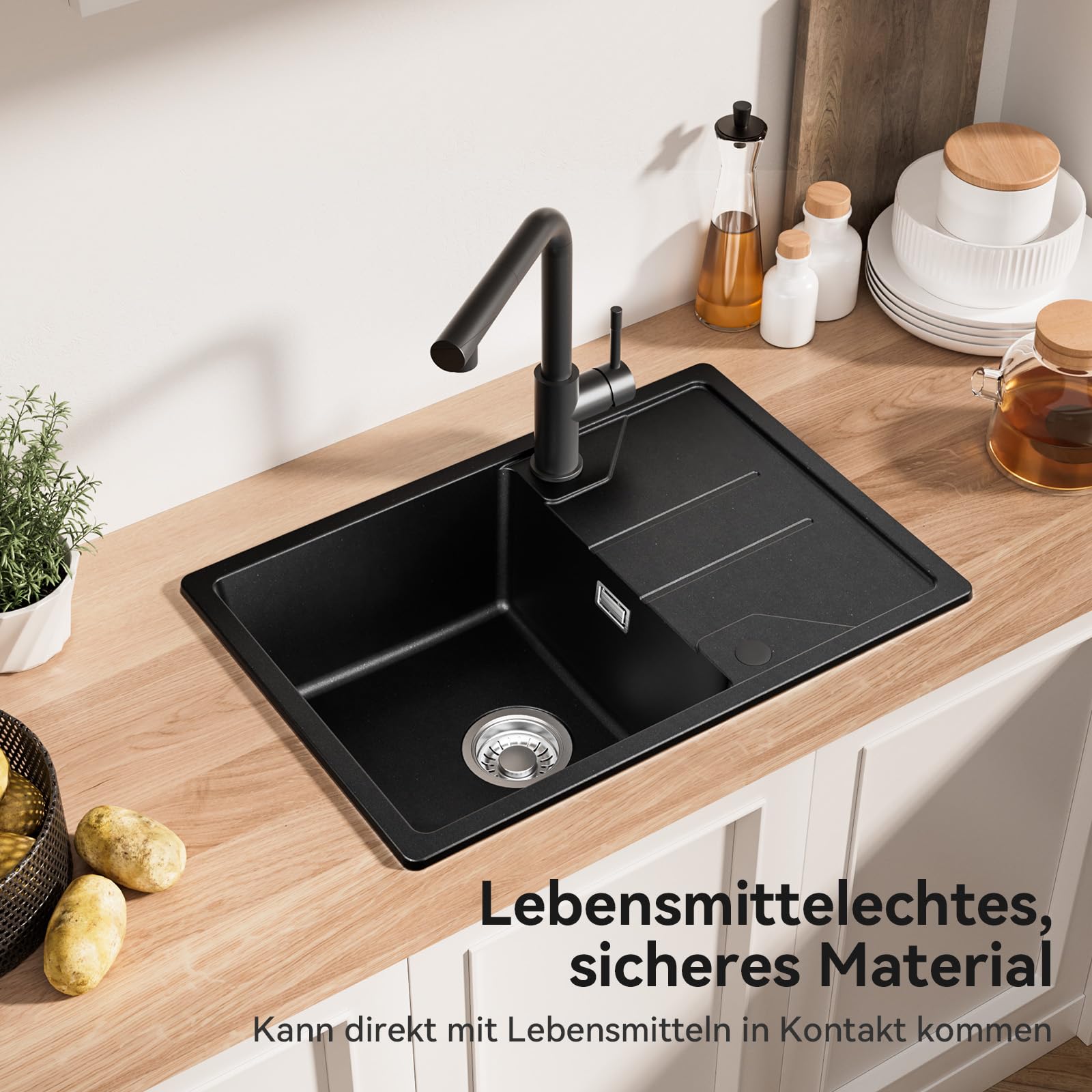 CECIPA Spülbecken Schwarz 65 x 45 cm, Granit Küchenspüle mit Siebkorb, Reversibler Installation, inkl. Siphon und Ab- und Überlaufgarnitur