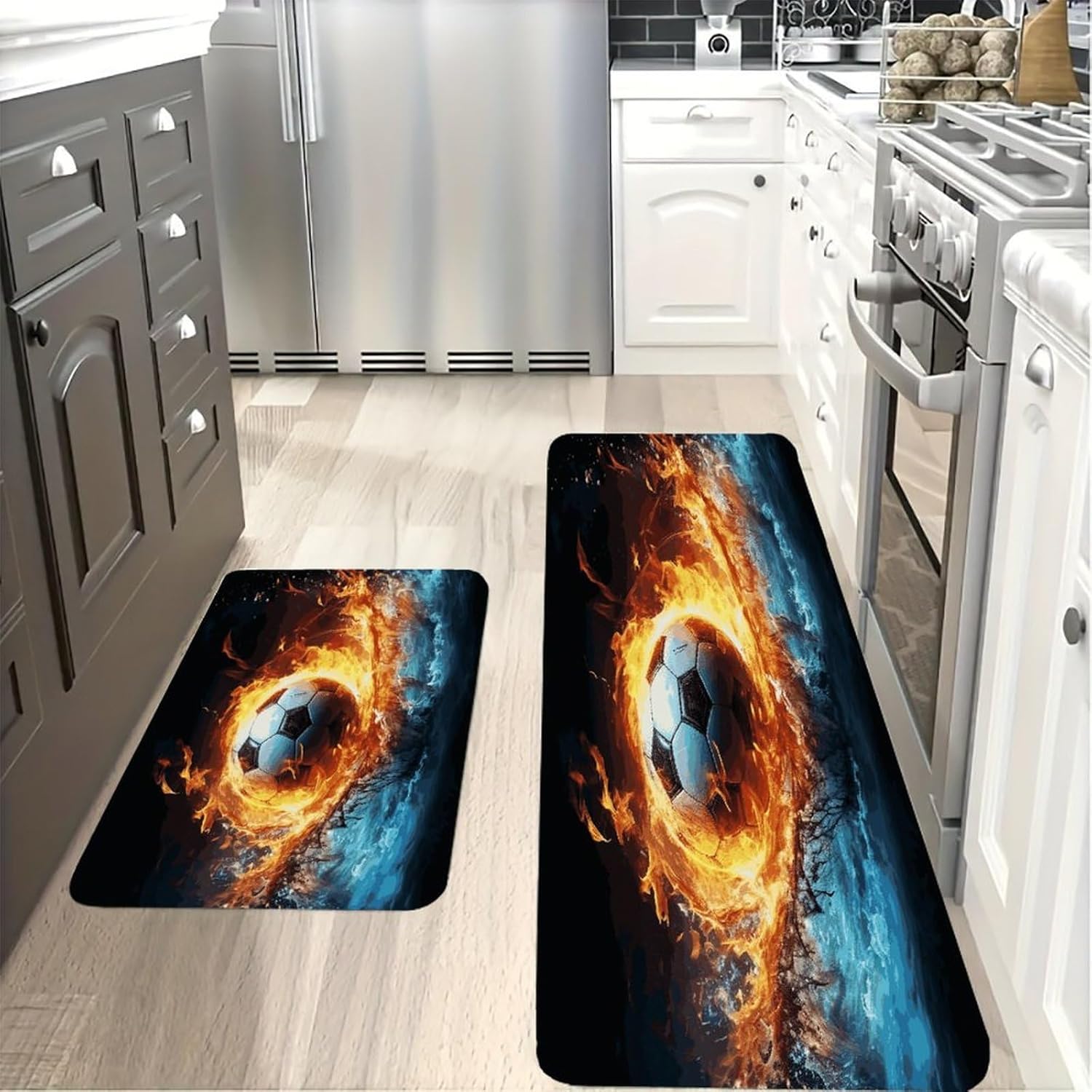 Football in Fire and Water Kitchen Mats with 2PCS Non-Slip Washable,Kitchen Rug Heavy Duty Durable, Floor Mats for Kitchen,Office,Sink,Laundry