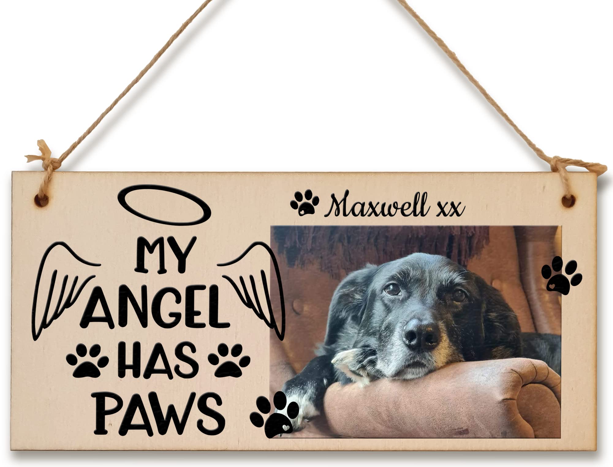 The Plum Penguin Personalised Wooden Plaque With Photo And Text Angel Has Paws Pet Remembrance Gift Door Sign Hanging Home Decor