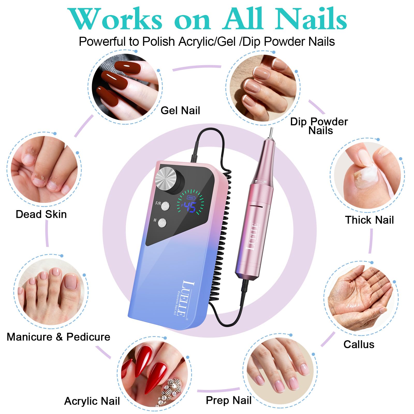 Electric Nail Drill File Professional 45000 RPM, LUELLE Electric Nail File Machine Kit for Acrylic Gel Nails Polishing Removing, Portable Rechargeable Cordless E File with Gold Bits Kit for Salon Home