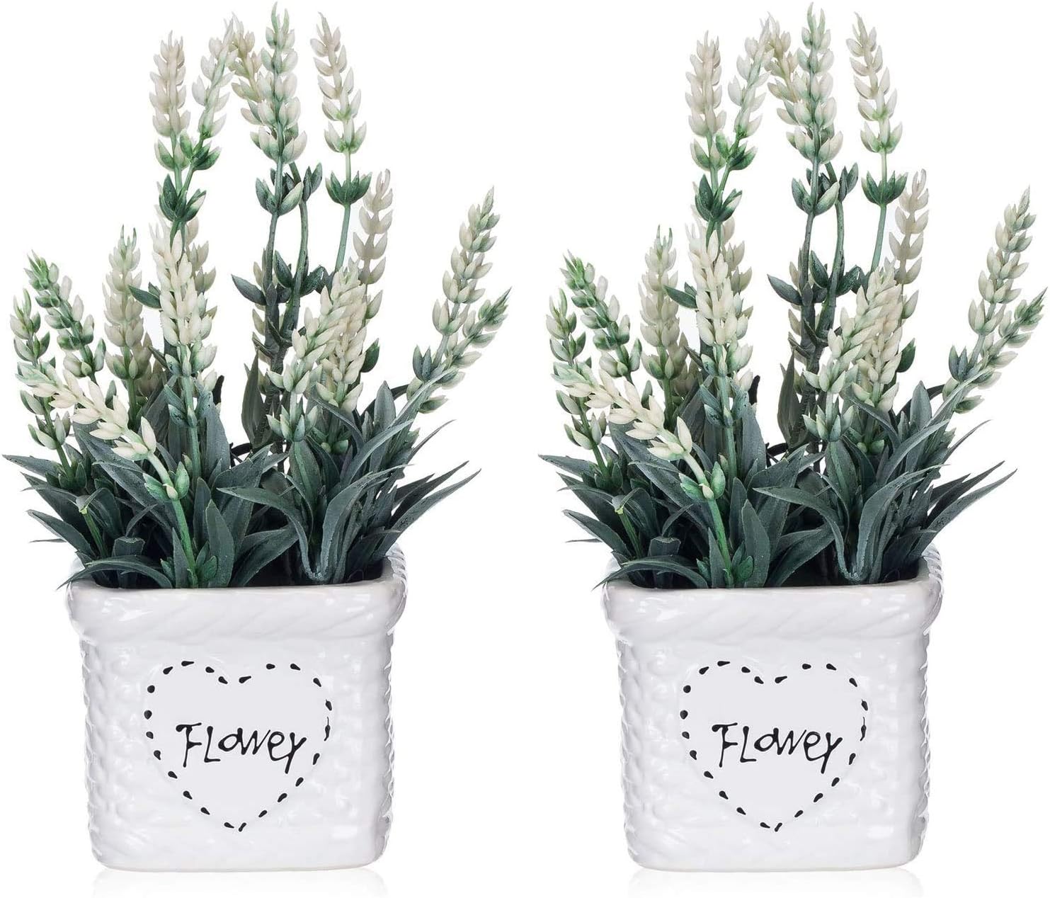 YAPA Lavender Flowers Artificial Plants with White Vase - Potted White Fake Flower for Farmhose Table Decor (Set of 2)