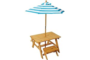 KidKraft Outdoor Wooden Table & Bench Set with Striped Umbrella: The Perfect...