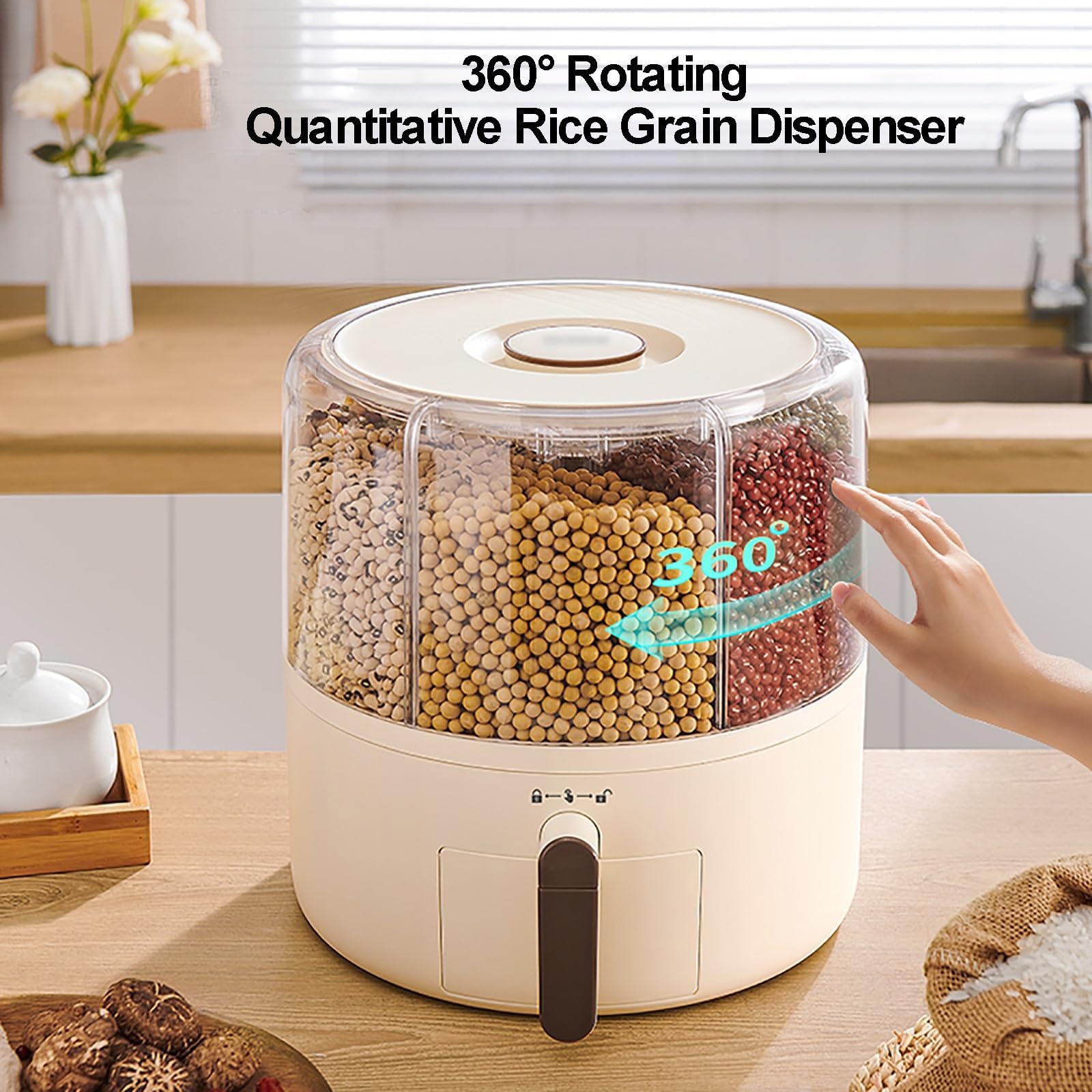 Dispensador de cereales de 6 rejillas, recipiente giratorio hermético para almacenamiento de alimentos para granos pequeños, frijoles, arroz, almacenamiento de alimentos secos de 7.2 L con tapas