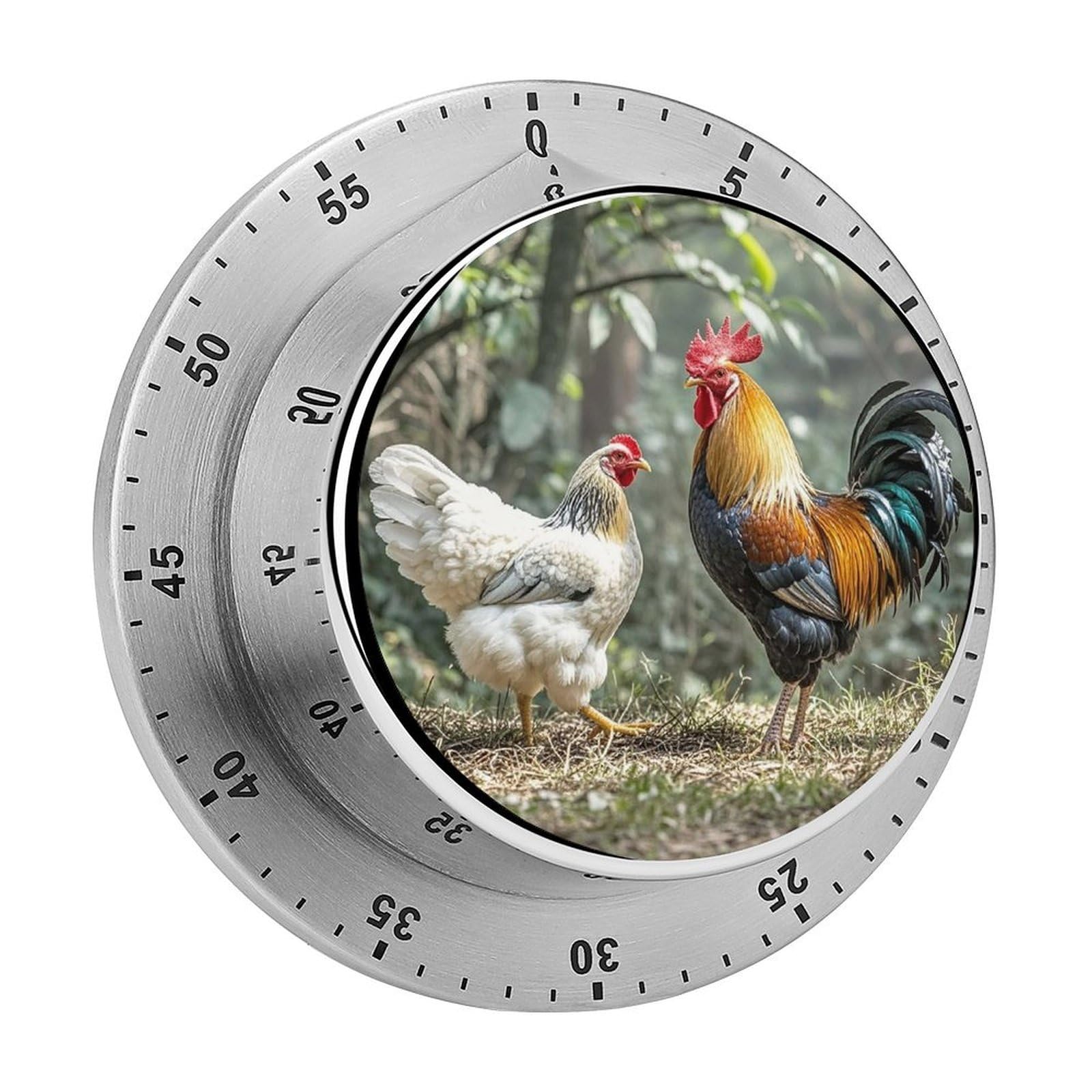 Rooster and Hen Fashion Visual Timers Wind Up 60 Minutes Desk Stainless Steel Magnetic Timer Countdown Clock No Batteries Loud Alarm for Kitchen Chef Cooking