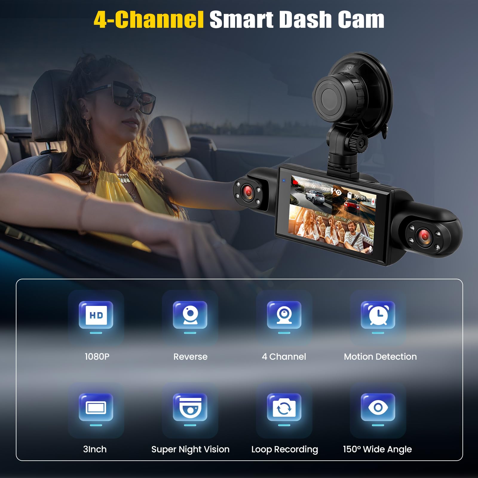 4 Canali 360° Dash Cam Auto, Telecamera per Auto da 3 Pollici 1080P con Visione Notturna, Video in Loop, 24H Parcheggio Monitor, Ausilio al parcheggio