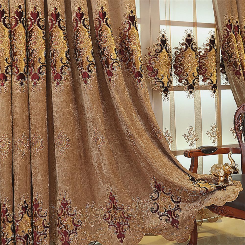 Gxi Brown Grommet Chenille Curtain Drapes 96 inch Long Thermal Insulated Luxury European Curtain for Bedroom Living Room 2 Panels Each W79 x L96 inch
