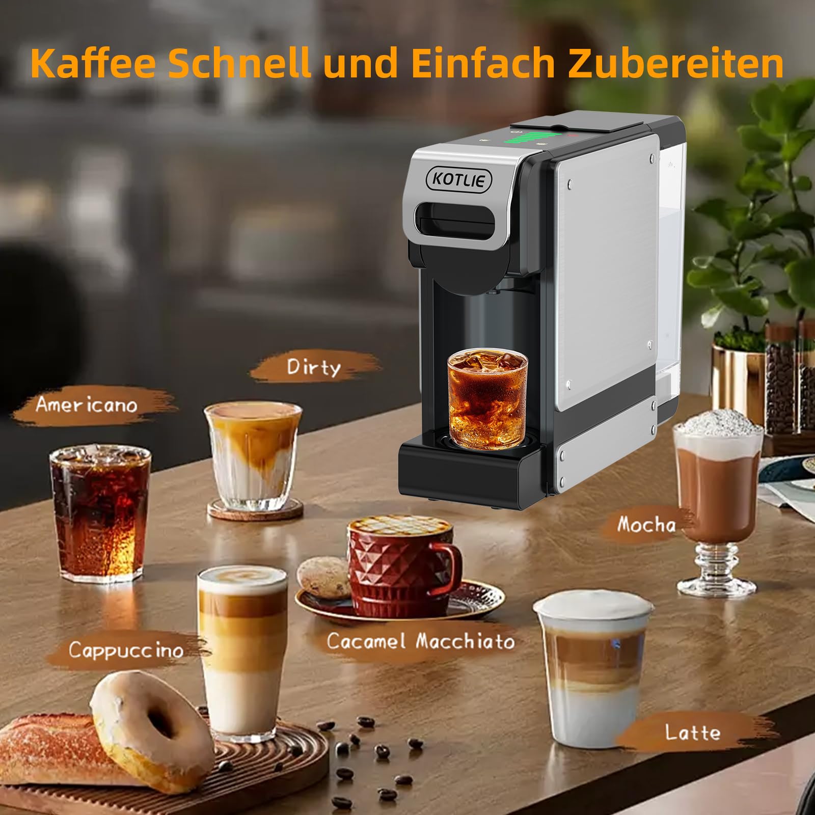 KOTLIE 550 Multi-Kapselkaffeemaschine für Kapseln und gemahlenen Kaffee | 4-in-1 für NES Original/DG*/Mio* Kapseln und Pulver,7 Wassermengen, 1L Wassertank, Kompakt.