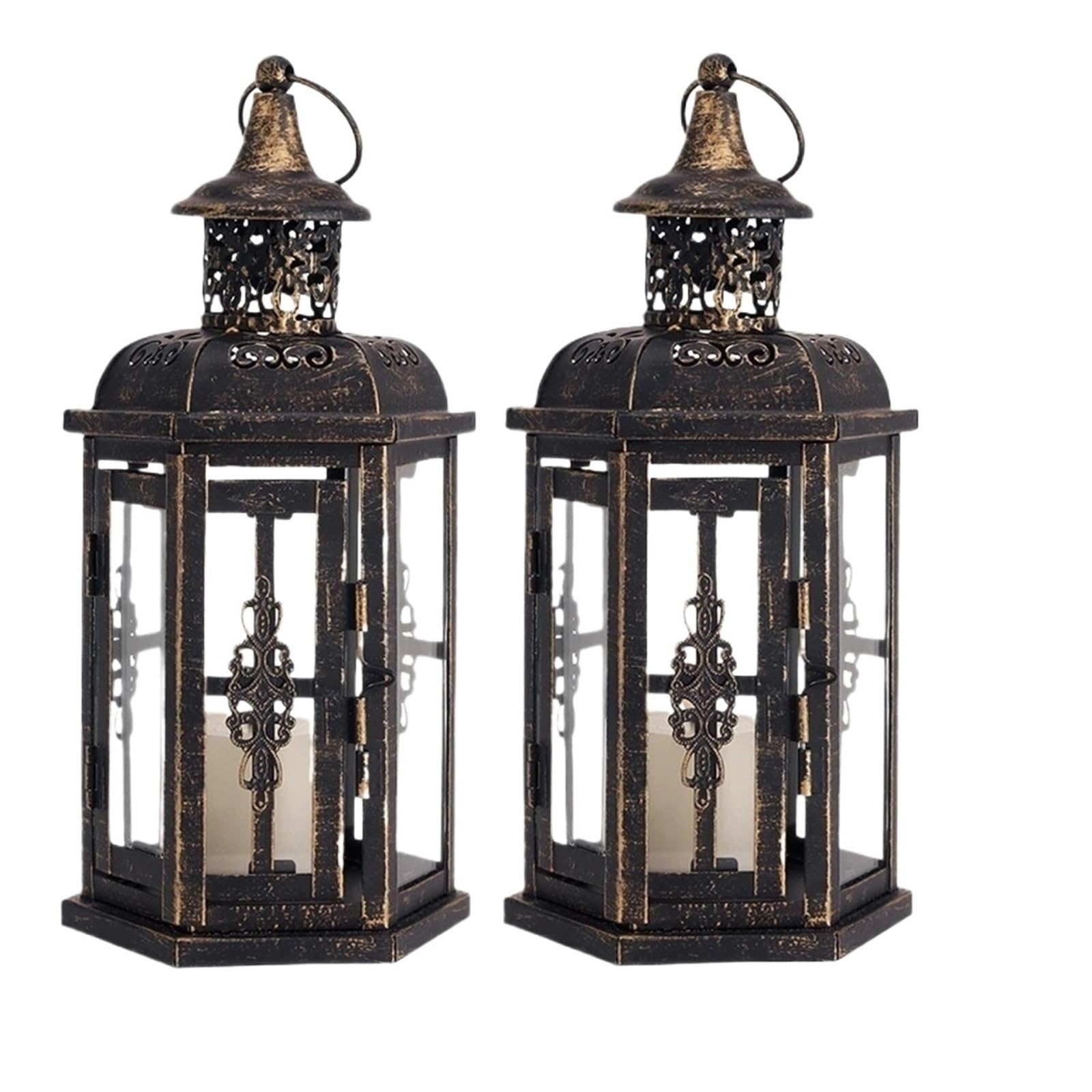 Metal Candle Holder Vintage Candle Holder Lanterns Candles Hanging Lantern Iron Black Home Decor Wedding Decoration(2PCS black)