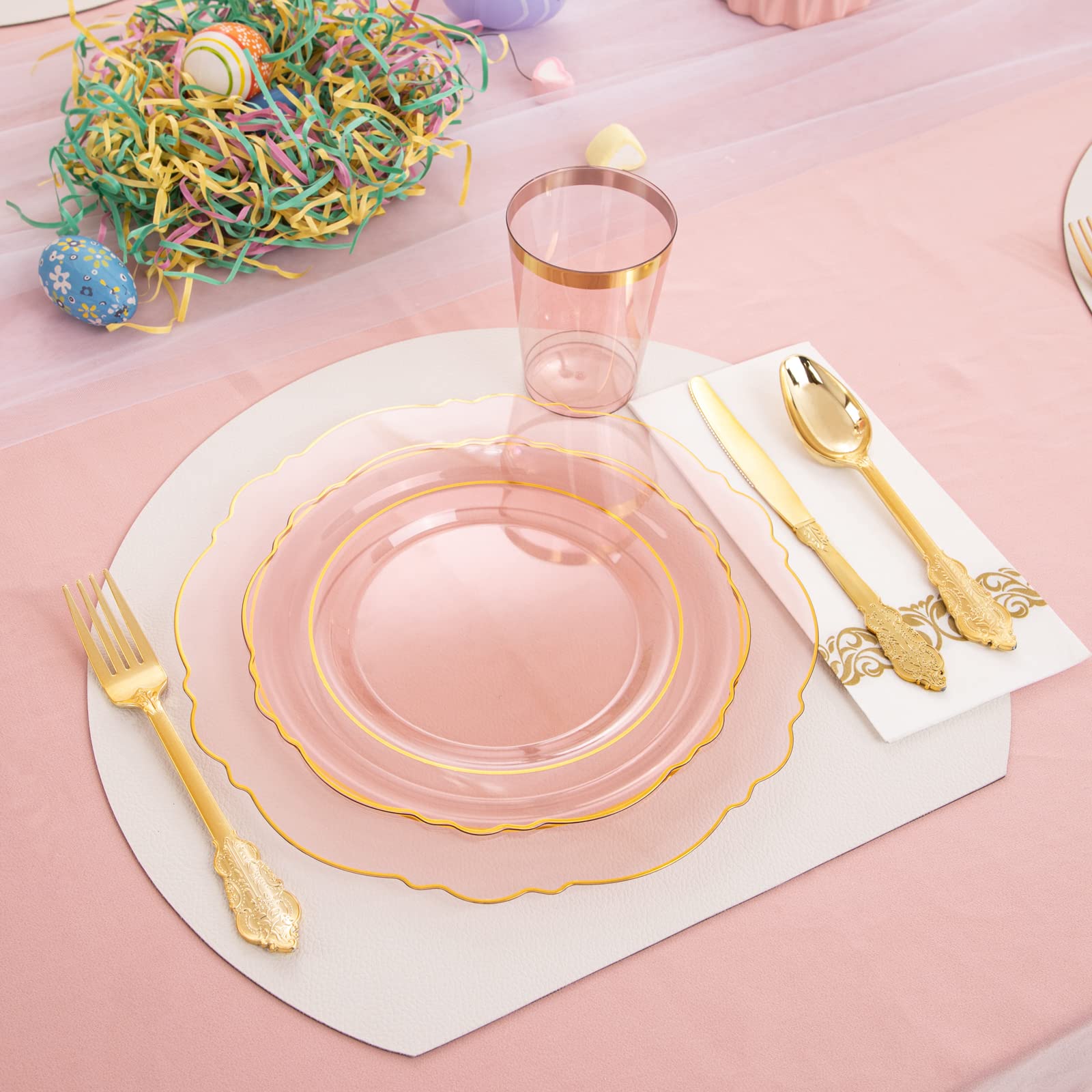 KIRE 30 Guest Clear Pink Plastic Plates with Gold Rim& Disposable Gold Plastic Silverware &Pink Cups&Hand Napkin- Plum Colored Plastic Dinnerware for Upscale Wedding &Parties& Easter