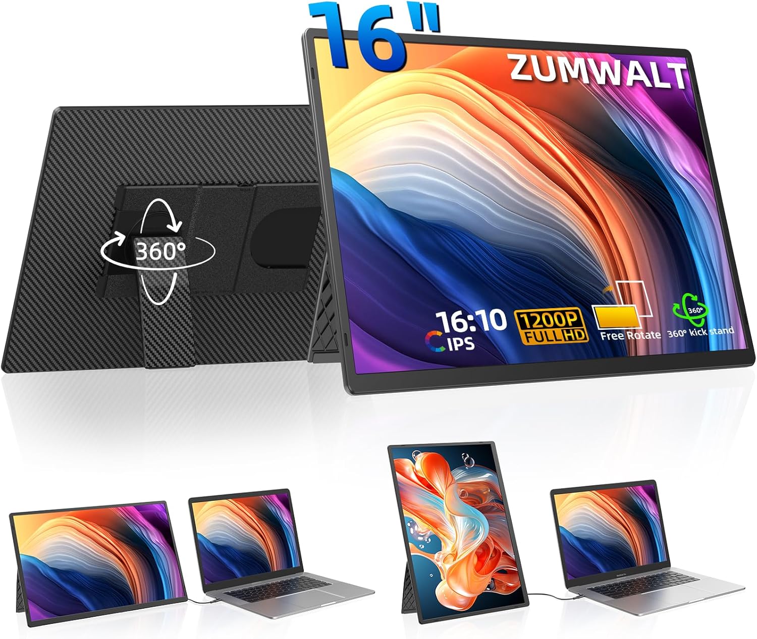 Portable Monitor, 16 Inch 1200P FHD Laptop Screen Extender Dual Monitor, 360° Ro…