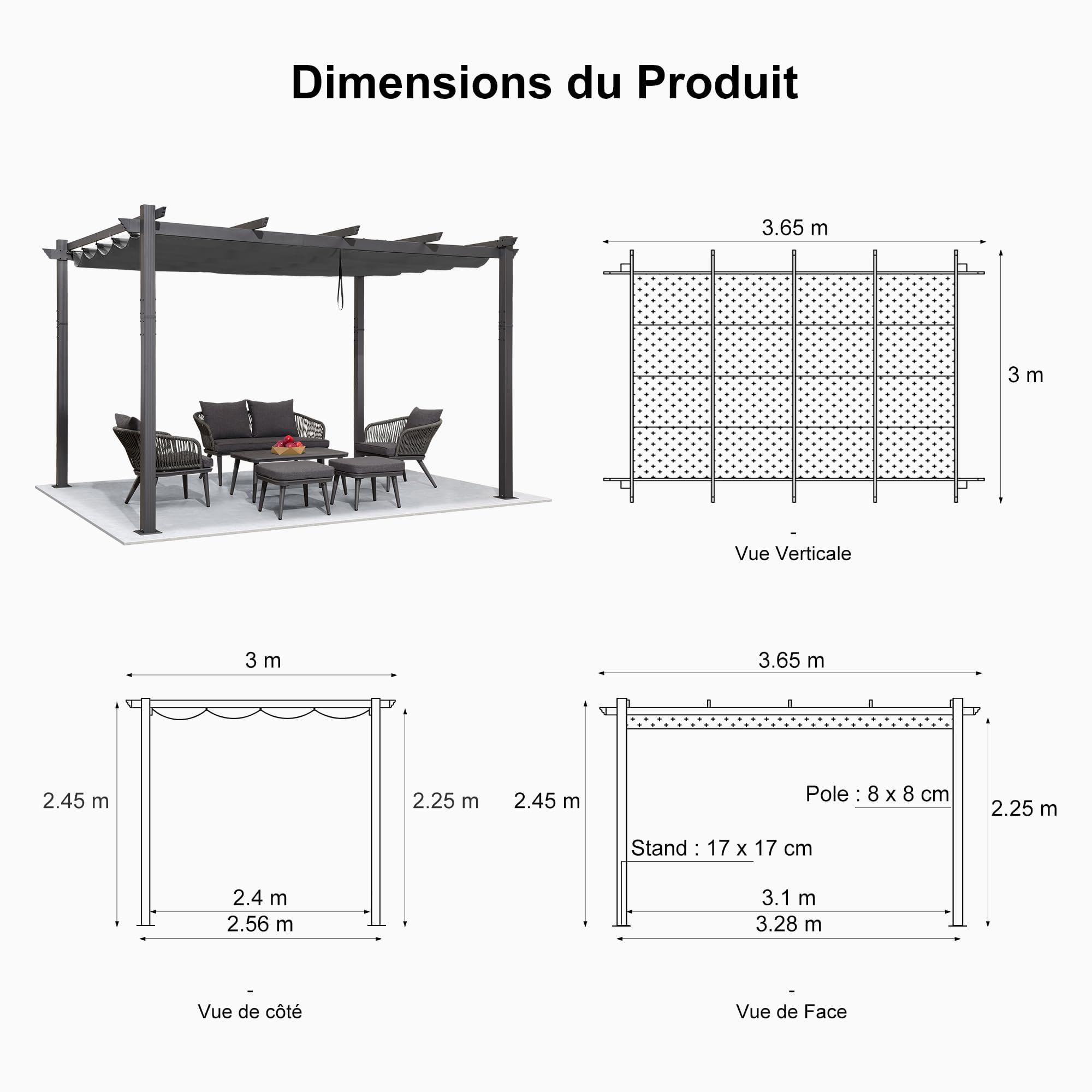 PURPLE LEAF Pergola Aluminium 3,65 x 3 m avec LED Toit Coulissant, Gris