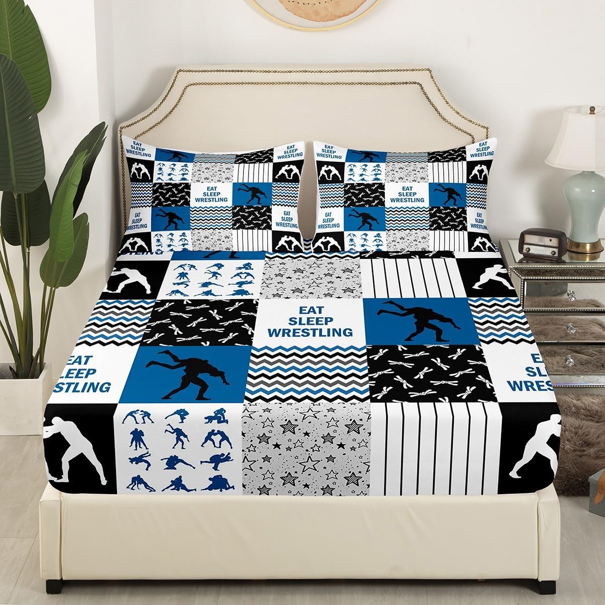 Wrestling Bed Sheet Queen Size,Wrestler Men Boys Sport Bedding Set for Kids Teens Adult Room Decor,Navy White Black Patchwork Plaid Fitted Sheet Striped Stars Grid Top Flat Sheet,2 Pillowcases