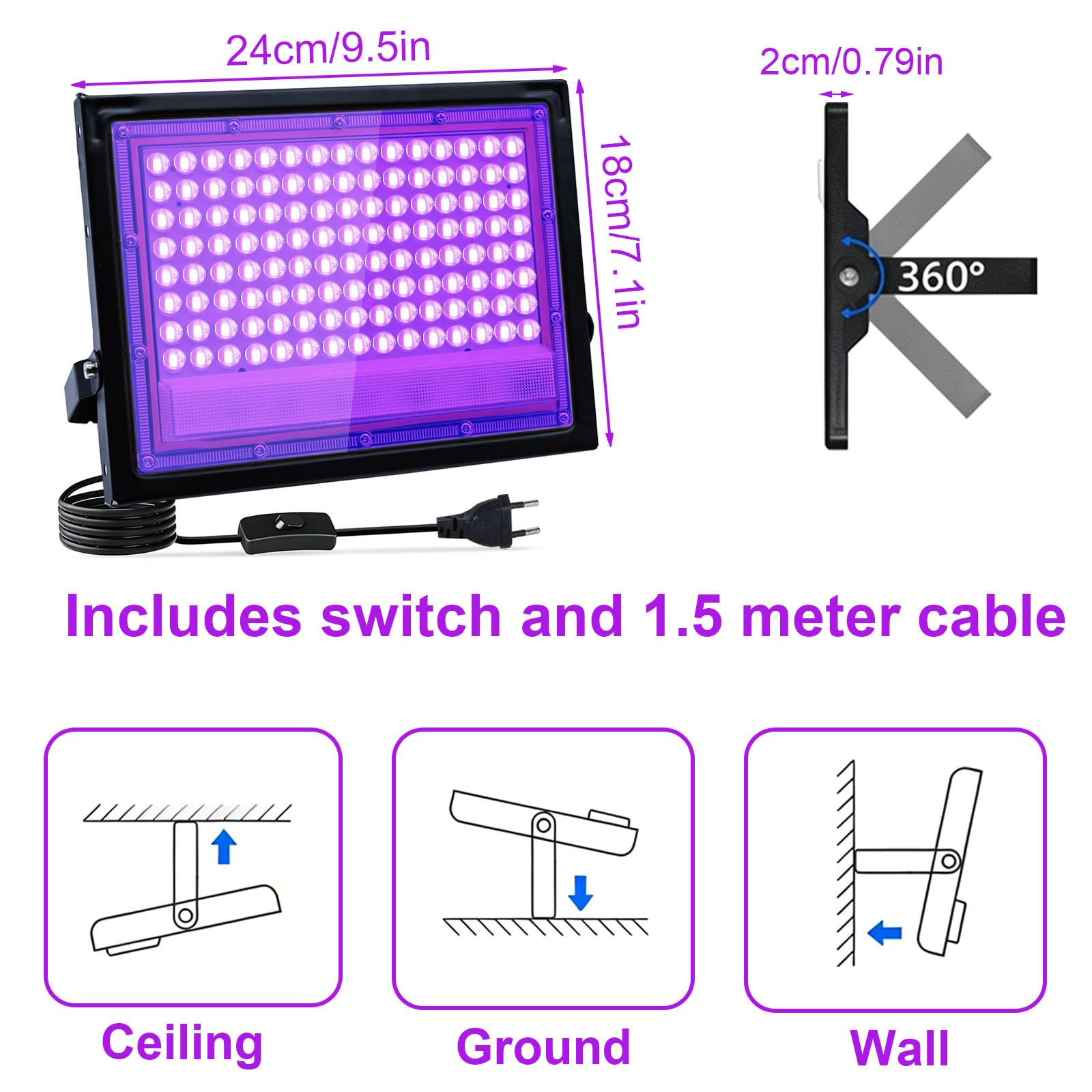 2 Pièces Lumiere Noire LED 100W, Projecteur Lumière Noire UV, Etanche IP66, 395-400NM Lumiere Noire LED Avec interrupteur pour fêtes, Effets Fluorescents, Décorations d'Halloween et Scène