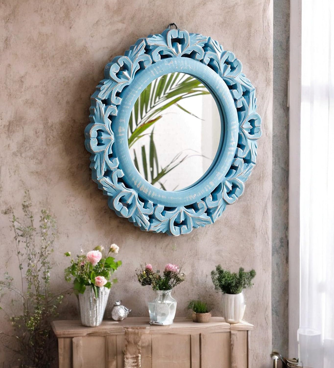 THE URBAN STORE Wall Mirror Wooden Distressed Blue Color 14"x14" Pack of One French Style Elegantly Hand Crafted Floral Carving Mirror for Home and Office Decor TUSMR41