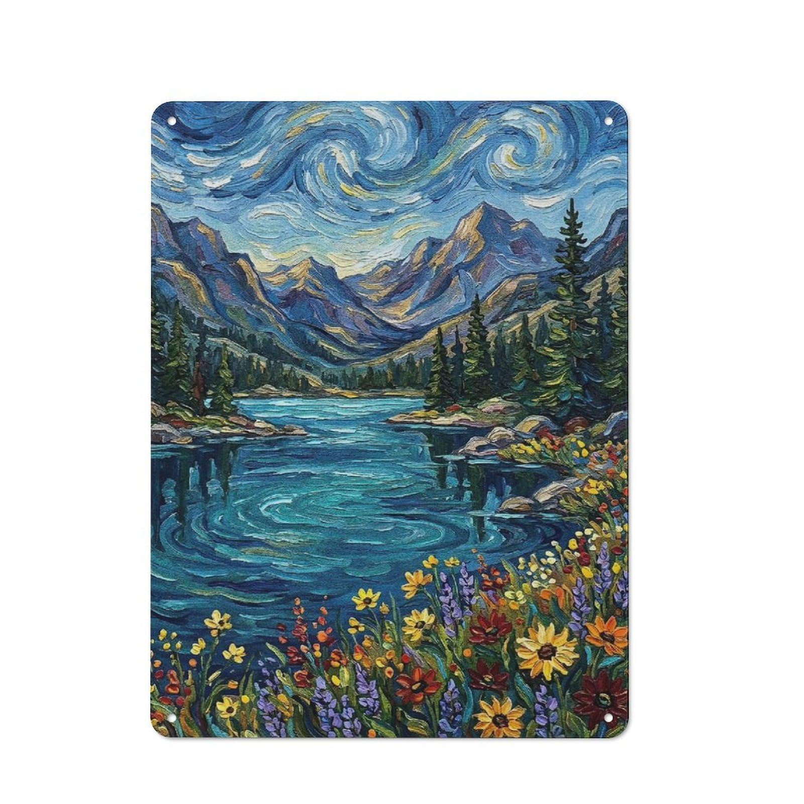 Junmoney Style-3 Mountain Lake Impressionist Painting Metal Wall Plaque 40X30cm, Character Room Wall Plaque For Hallway, Home Bar, Garage Or Study