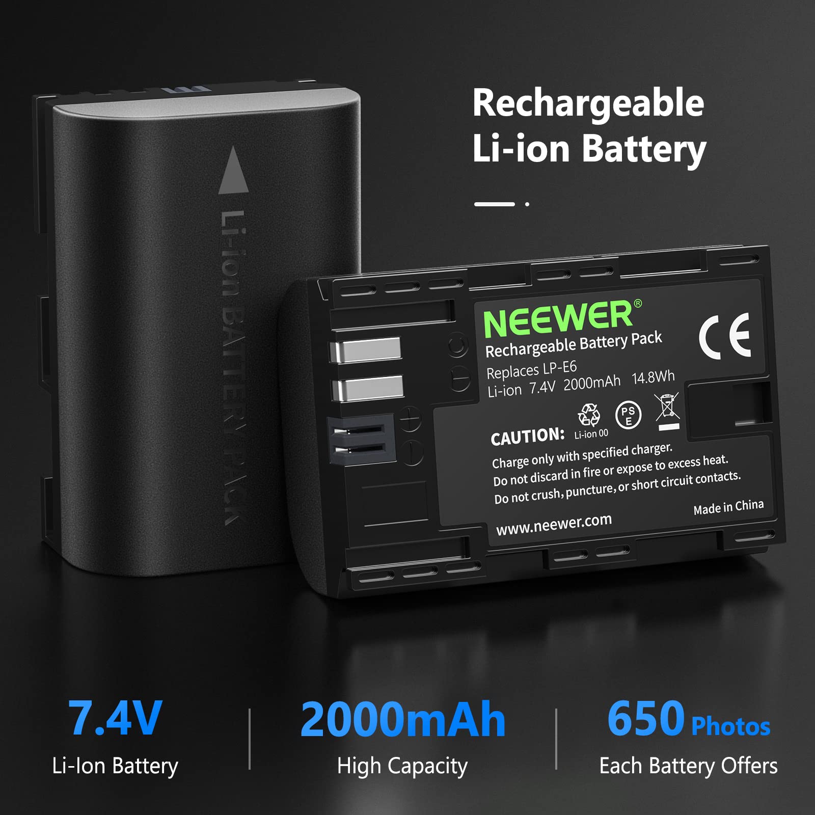 Neewer Canon LP-E6&LP-E6N Caricatore con 2 Batterie di Ricambio da 2000mAh, 100% Compatibile Canon EOS 5D Mark IV 5D Mark III, 5DS 5DS R 5D Mark II, 6D 7D Mark II 7D 80D 70D (Nero)