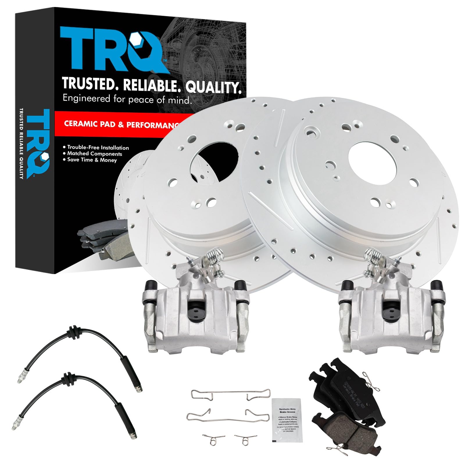 TRQ Performance Rear Brake Pad and Rotor Set Ceramic Slotted Drilled G Coated Calipers Hoses Compatible with 2009-2013 Mazda 3 S 2009-2013 Mazda 3 MazdaSpeed