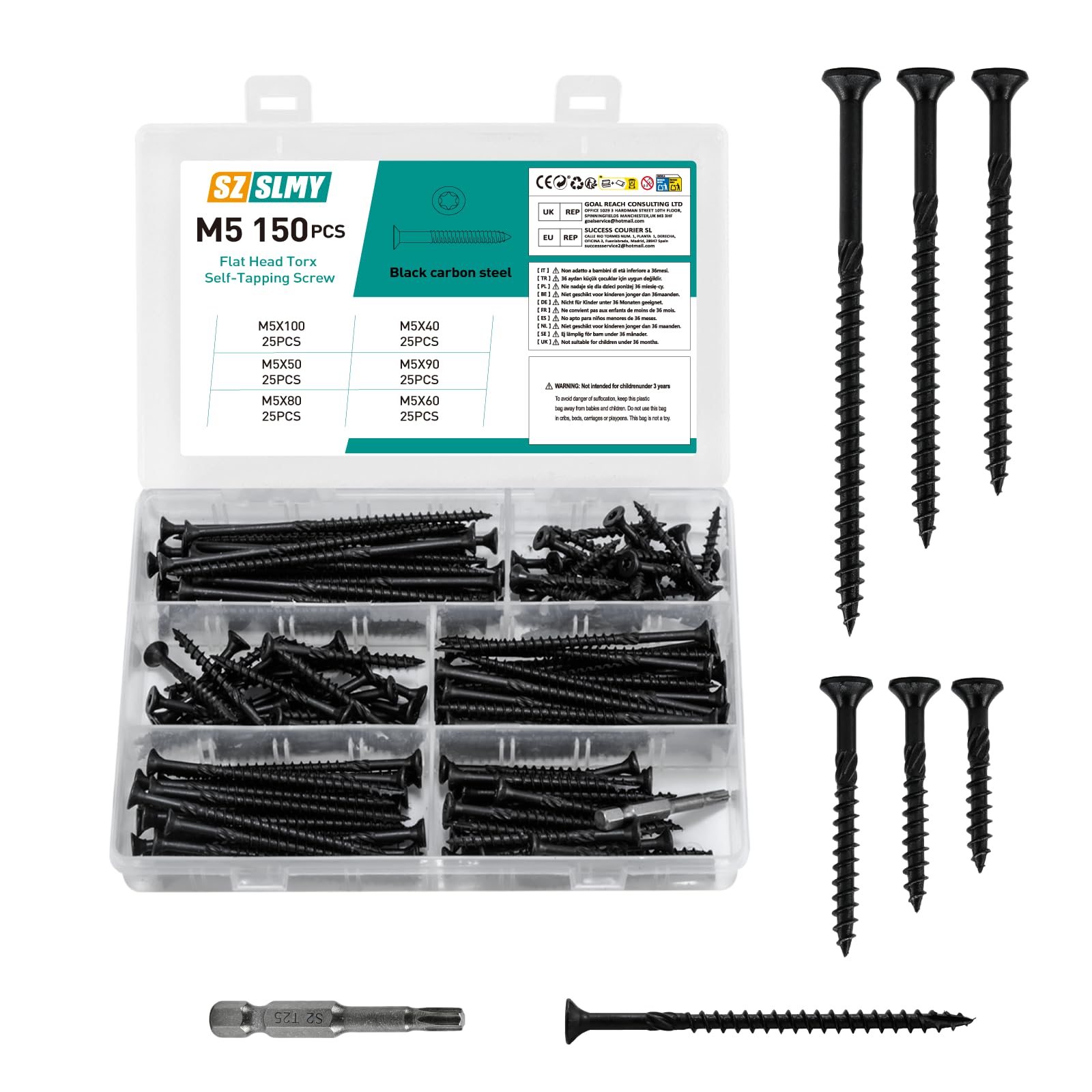 150 Pcs Wood Screws Set, M5 Torx Screws Set, Chipboard Screws Assortment, Countersunk Screws, Universal Screws, Self-Tapping Screws Set for DIY Project Repair (Black)