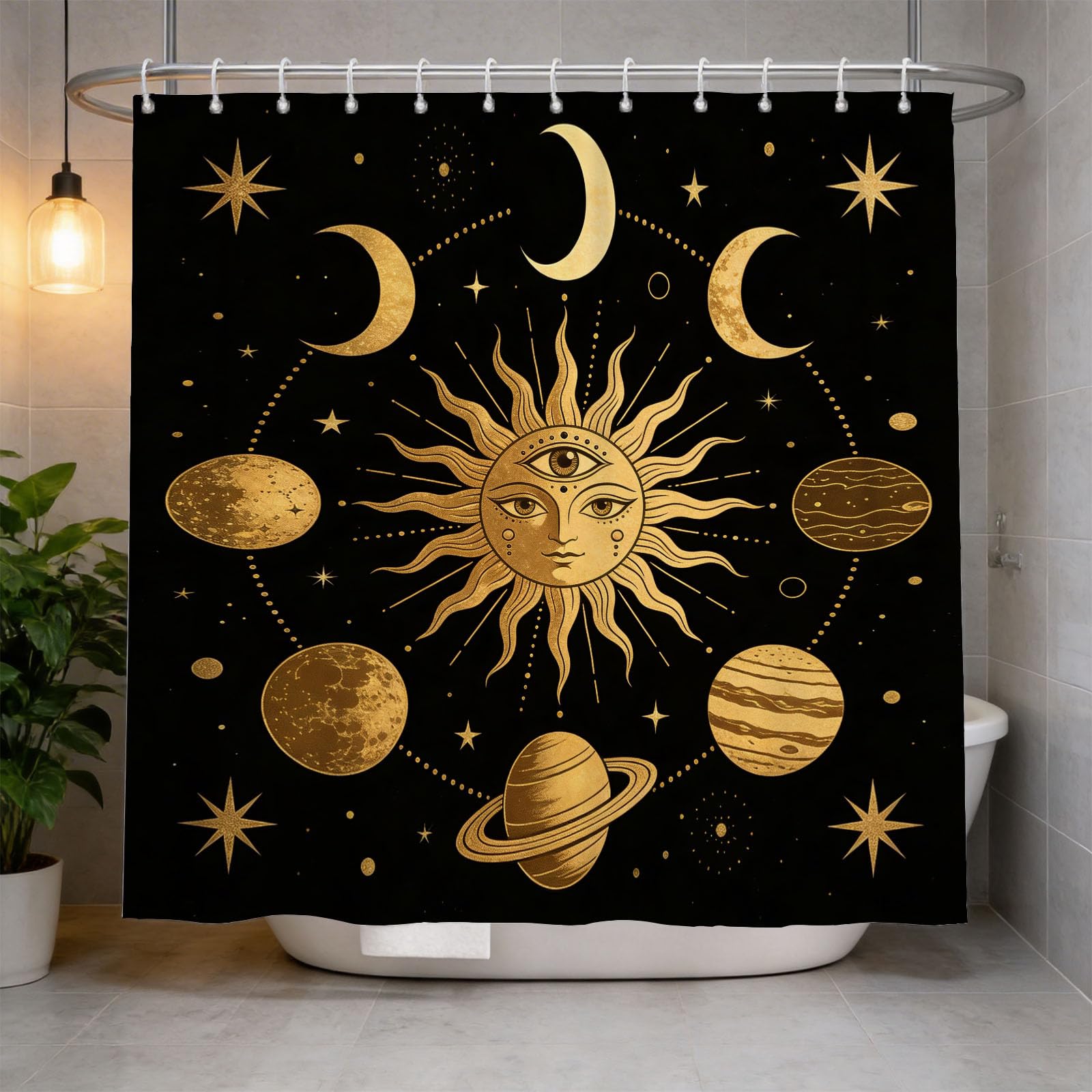 Hongduo 3D Golden Sun Totem Shower Curtain for Stalls Bathtubs Occultism Bathroom Decor Shower Curtain Set Polyester Fabric Waterproof 120x180cm/48X71 Inch with Hooks