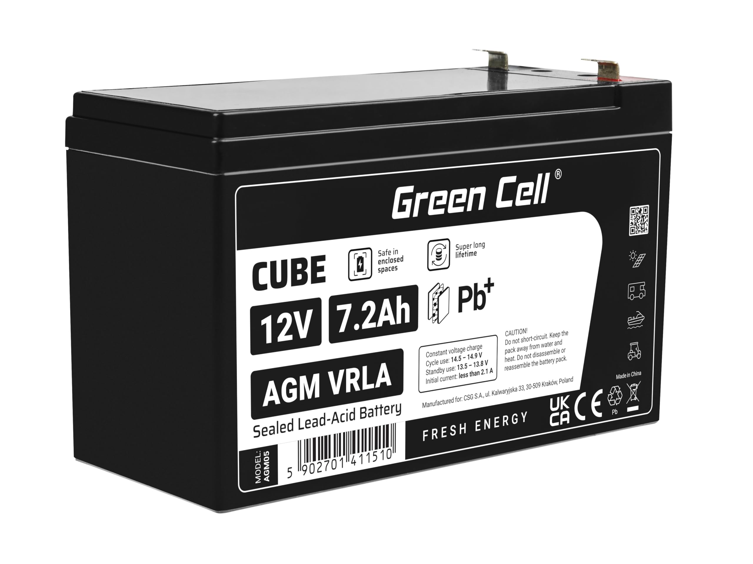 Green Cell Batteria AGM 12V 7,2Ah ricaricabile sigillata VRLA | Per UPS, allarmi, giocattoli elettrici, impianti solari, scooter, backup e uso ciclico senza manutenzione