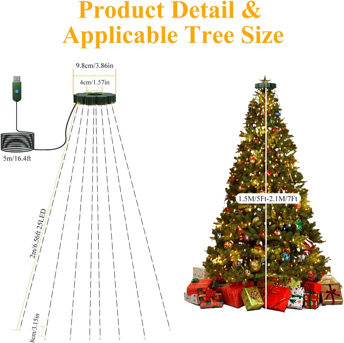 Product dimensions and applicable tree sizes