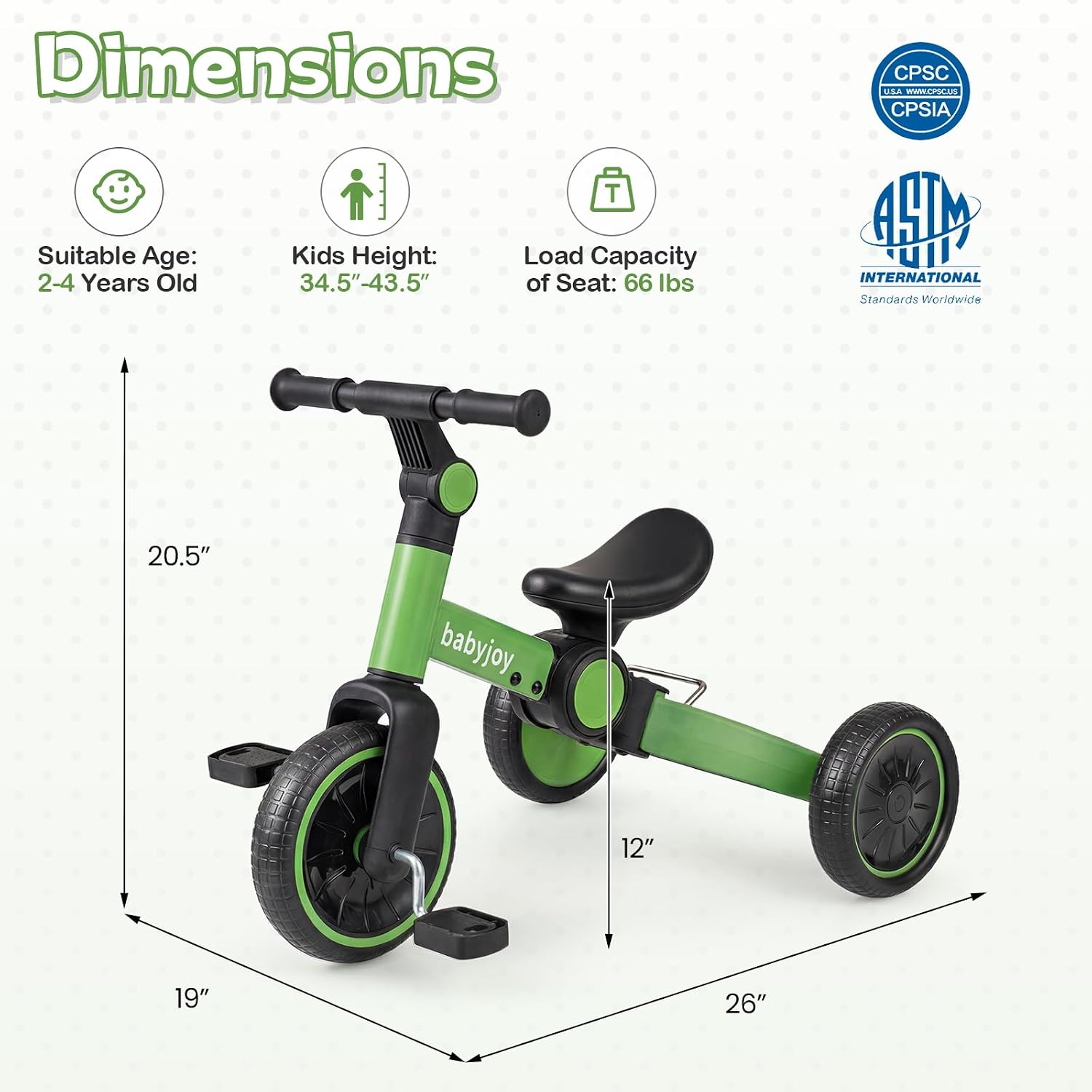 BABY JOY Toddler Bike, 5-in-1 Foldable Balance Bike with Removable Pedals, Adjustable Handlebar and Rear Wheels, Indoor Outdoor Kids Tricycle for Boys Girls Ages 2-4 (Green, 26” x 19” x 20.5”)
