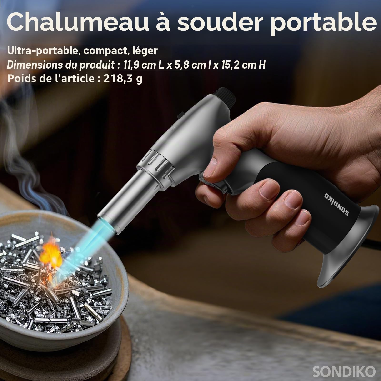 Sondiko Briquet au butane double style flamme, taille de flamme réglable, chalumeau rechargeable avec verrouillage de flamme continue pour crème brûlée, cuisine (le gaz butane n'est pas inclus)