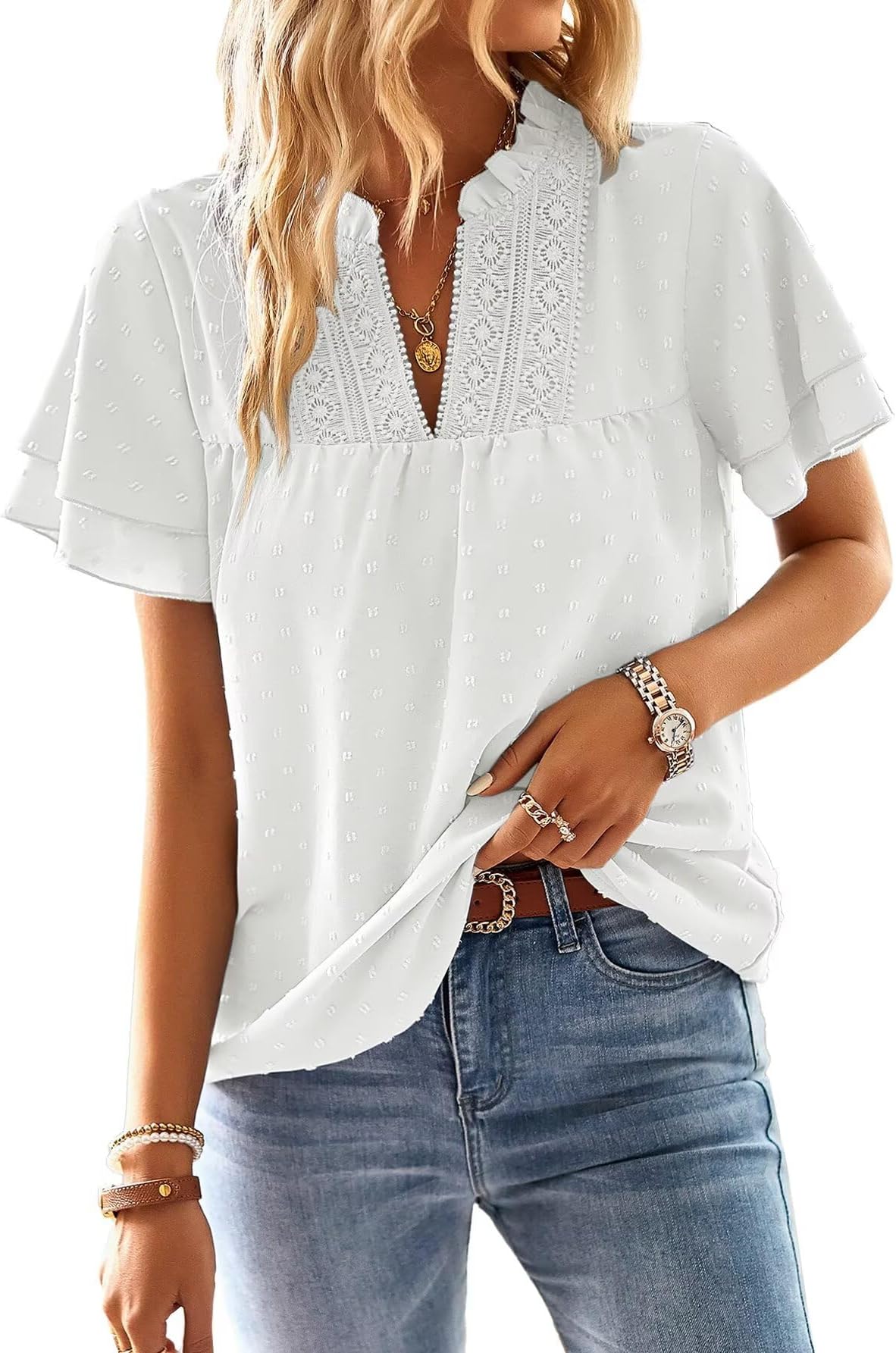 Falechay Womens Tops Butterfly Sleeve V Neck Blouses for Women Dressy Casual Flowy Swiss Dot Ruffle Short Sleeve Shirts