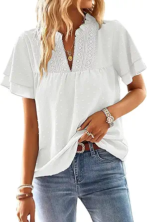 Falechay Womens Tops Butterfly Sleeve V Neck Blouses for Women Dressy Casual Flowy Swiss Dot Ruffle Short Sleeve Shirts