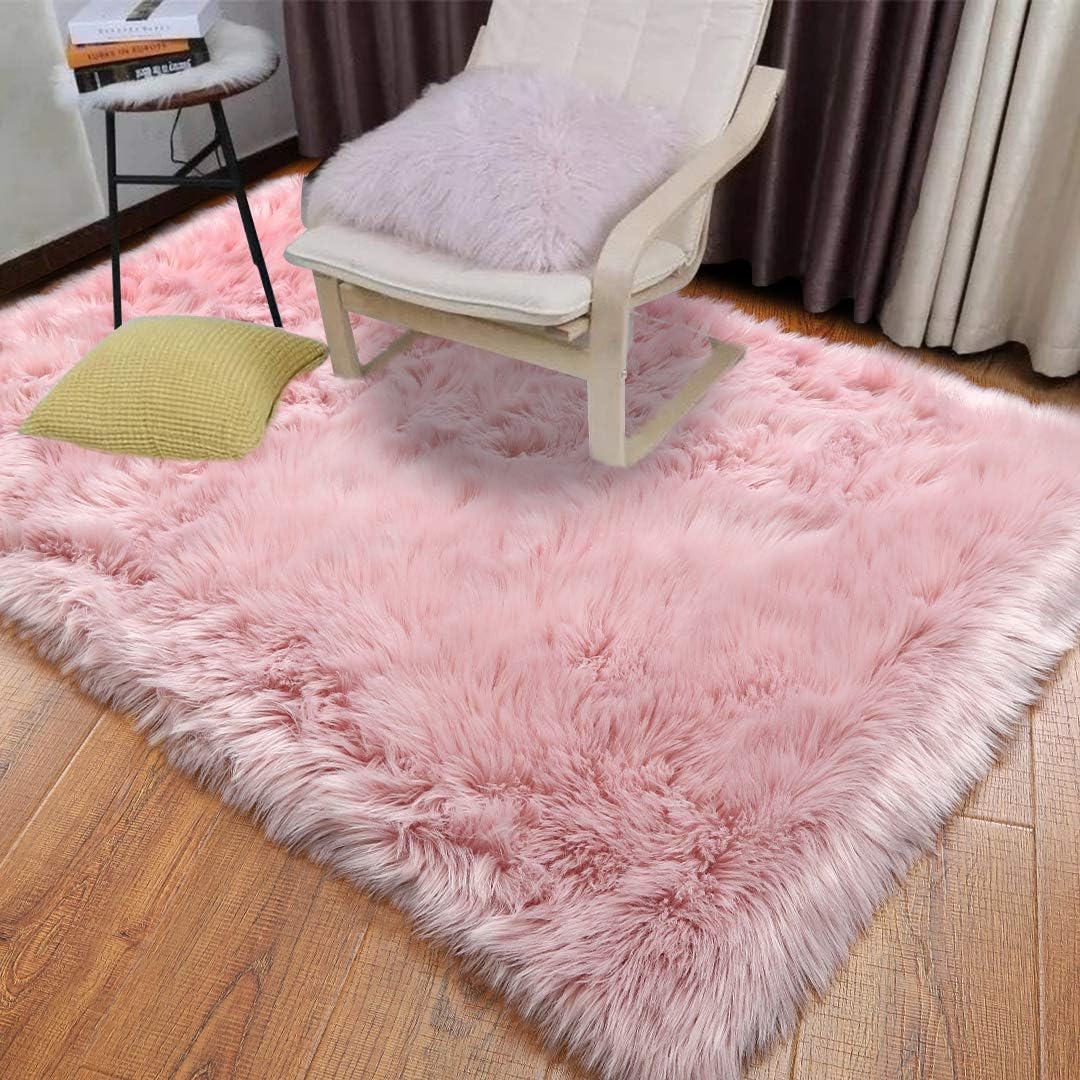 YOH Soft Faux Fur Sheepskin Area Rugs Shaggy Floor Carpets for Living Room Fluffy Bedroom Rug Girls Room Kids Room Nursery Home Decor 4 x 6 Feet, Pink
