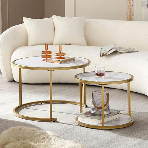 Mesa auxiliar redonda para sala de estar, juego de 2 mesas anidables de mármol con parte superior de madera de mármol y marco de metal, marco dorado