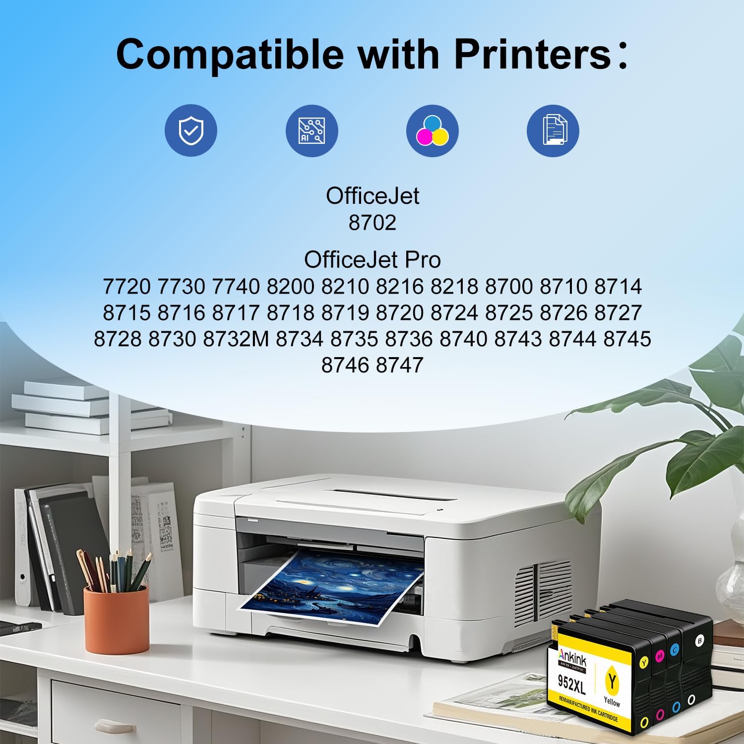 952xl Ink Cartridges Black Color Combo 4-Pack Compatible for HP 952 XL Work with Officejet Pro 8710 7740 Printers 8720 8702 8210 7720 8715 8730 8740 8216 8725 8700 8200 7730 8743 Cyan Magenta Yellow