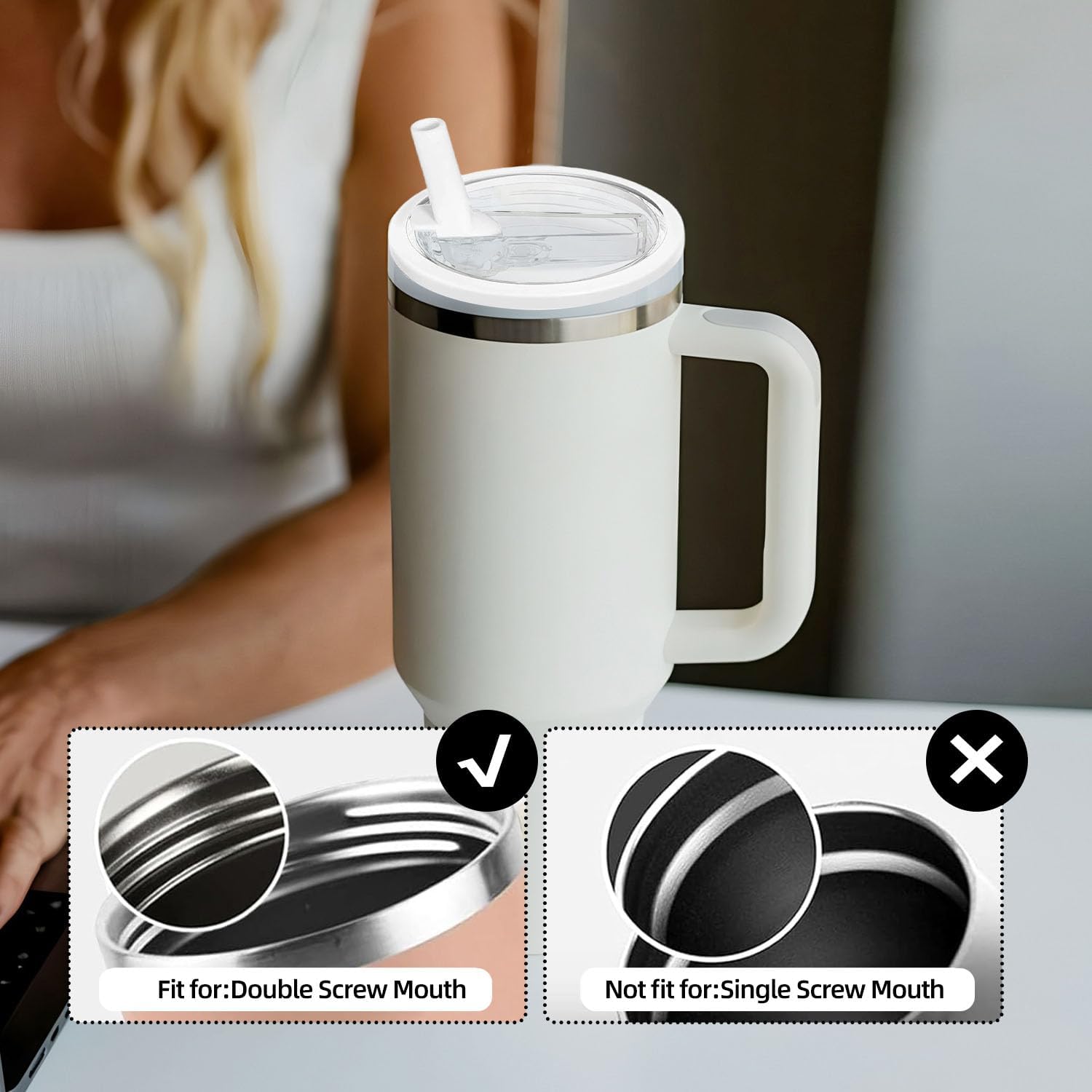 30 OZ Tumbler Lid Replacement Compatible with Stanley Quencher, Leakproof Flip Straw Lids, Spill Proof Top Cover Compatible for Stanley Cup Accessories, 2 Pack, White