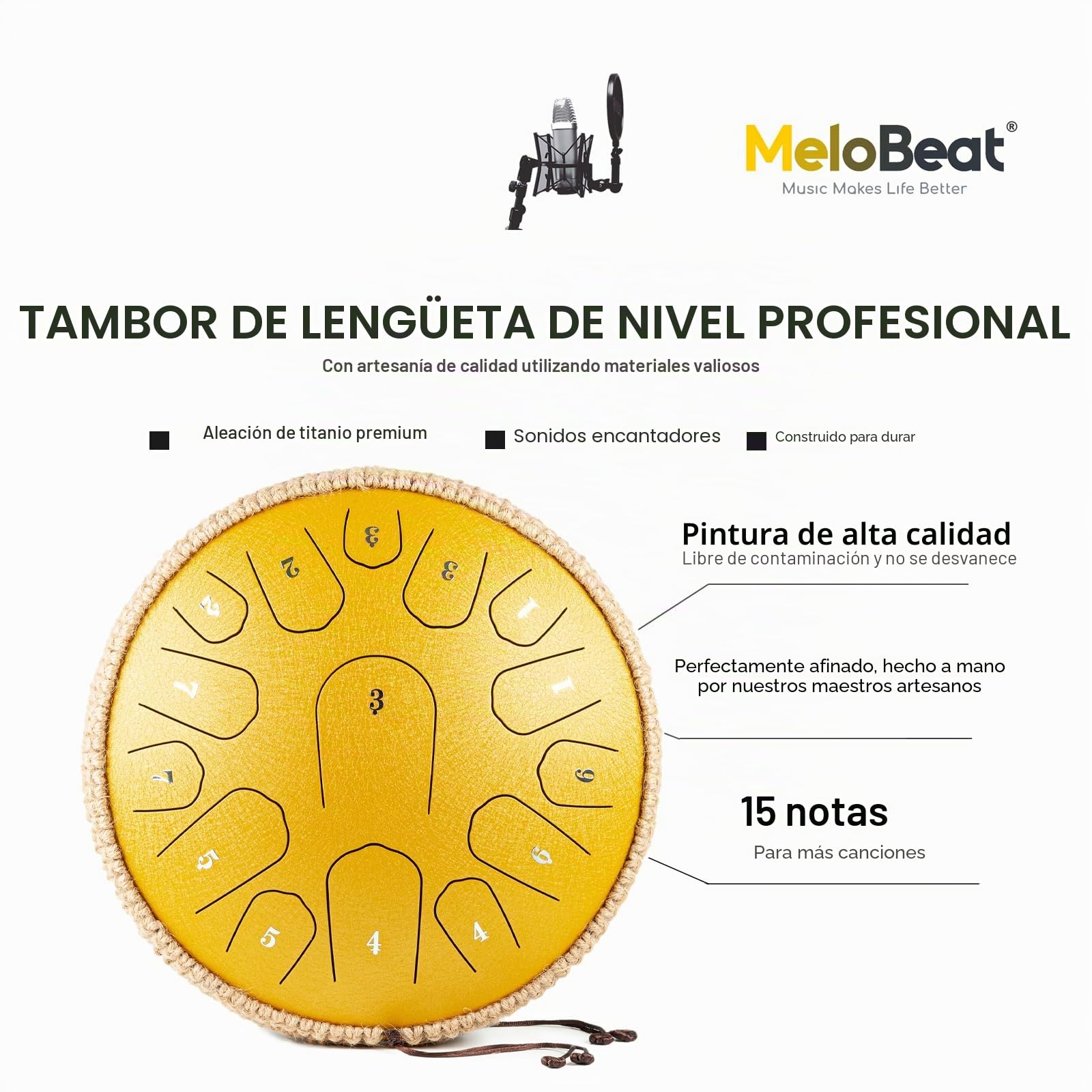 MeloBeat Tongue Drum Handpan - Tambor de Lengua de 13 Pulgadas 15 Notas - Set Profesional en Re Mayor Incluye Libro de Canciones de Tambor de Lengua, Clave D (Dorado)