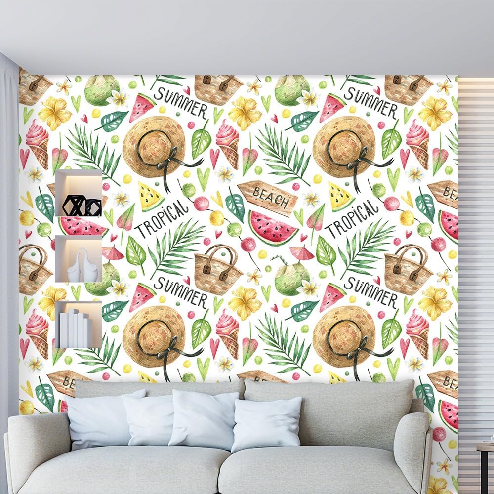 Summer Wallpaper,17.71" x 118.1" Peel and Stick Wallpaper Hat, Watermelon, Ice Cream, Coconut, Leaves Removable Waterproof Contact Paper Decorative Vinyl Wallpaper for Bedroom Living Room