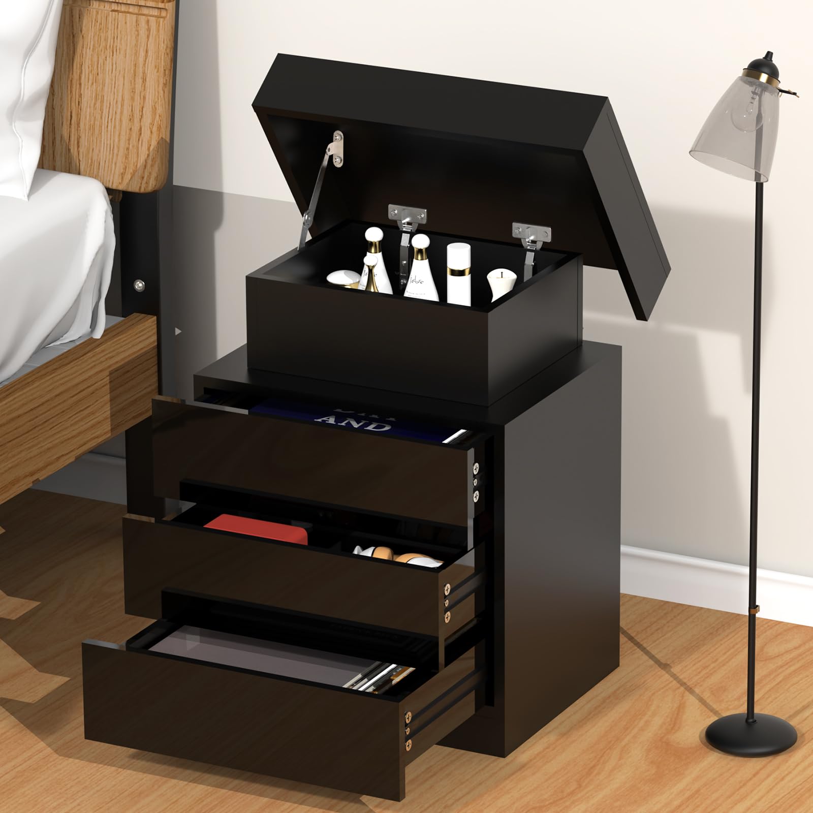 Comodino lucido con luce LED RGB, 3 cassetti, nero comodino in legno, con chiusura a flip-top, per camera da letto, soggiorno(45 x 35 x 61 cm)