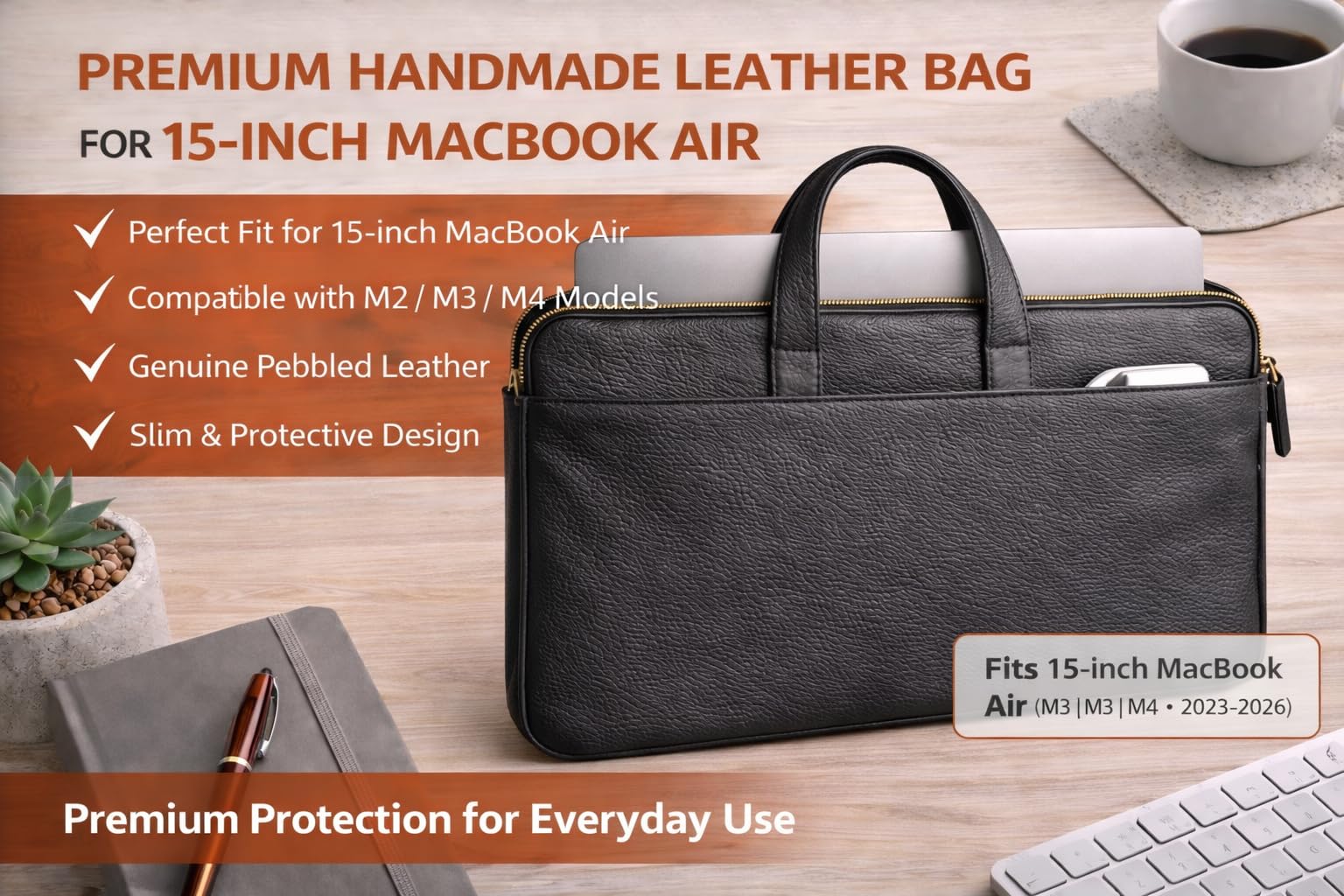 Bolsa de piel para laptop de 15 pulgadas MacBook Air hecha a mano con asas funda protectora delgada de cuero de grano completo (beige)