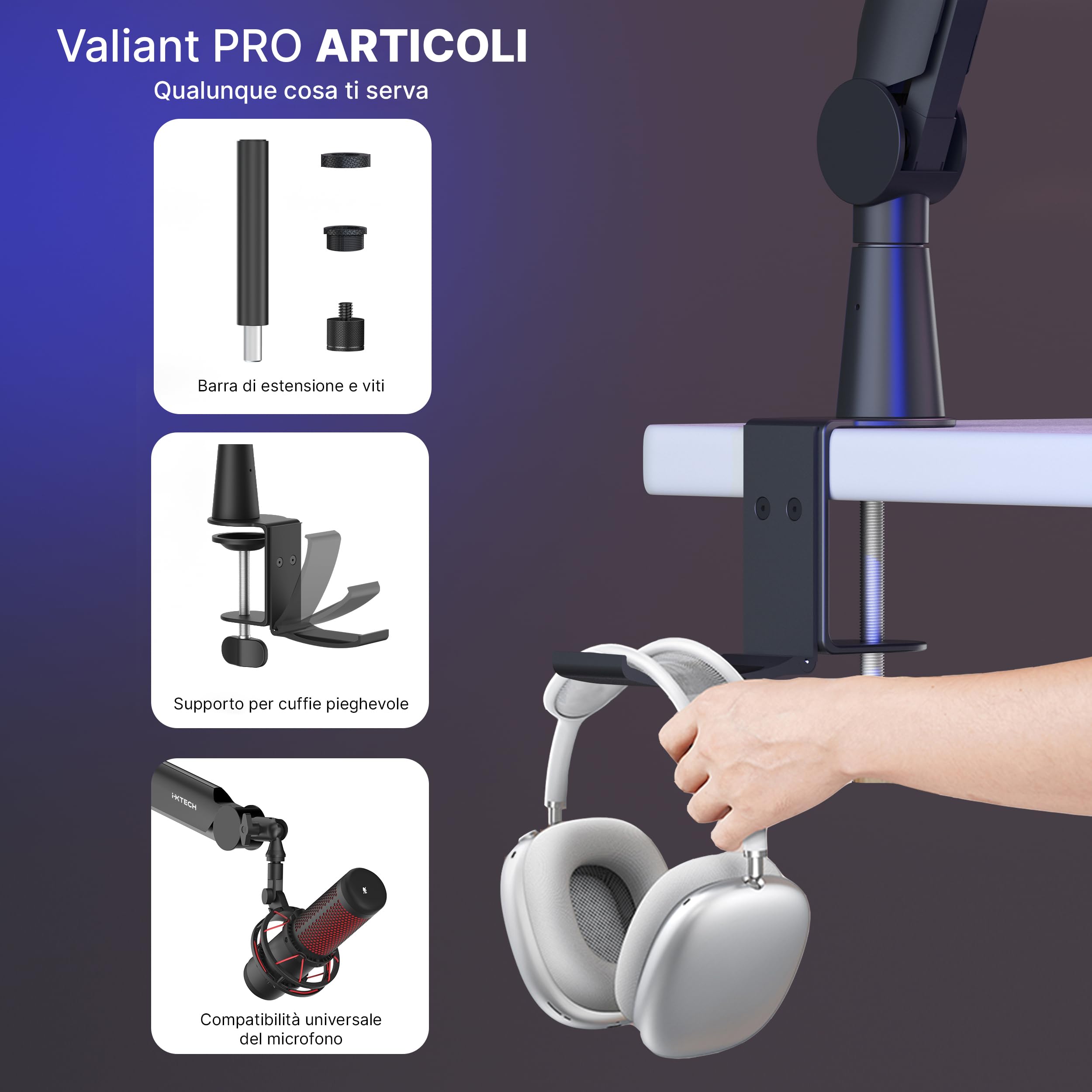 IXTECH Braccio per microfono girevole a 360° Braccio per microfono con supporto da scrivania completamente regolabile per podcast video radio registrazione in studio robusto e universale VALIANT Pro